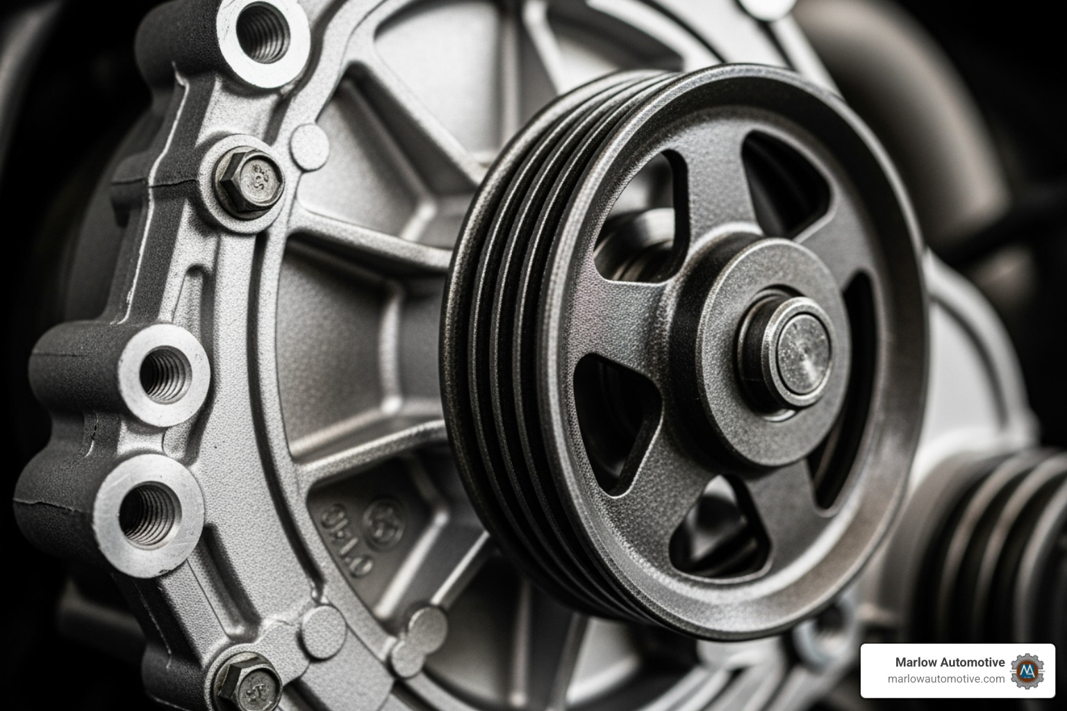 Close-up of a vehicle's water pump component showing its housing and pulley - car overheating repair
