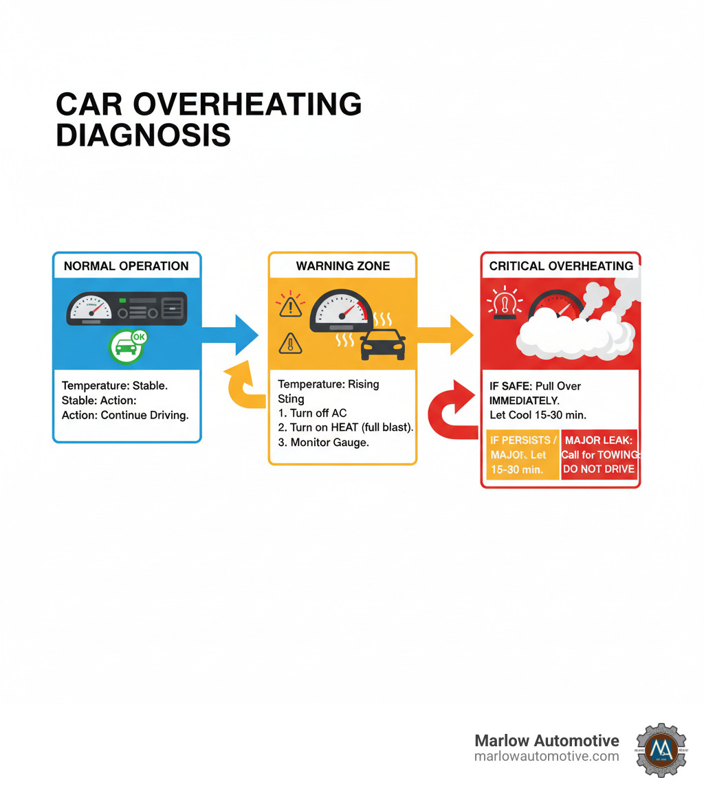 Comprehensive car overheating diagnosis flowchart showing temperature gauge readings from normal operating range through warning zone to critical overheating, with corresponding dashboard warning lights, steam indicators, and immediate action steps including when to pull over versus when to call for towing - car overheating repair infographic 