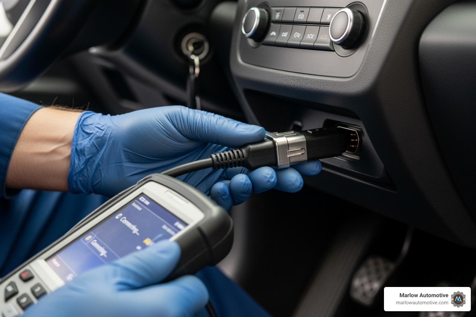 technician connecting professional diagnostic scanner - auto diagnostics service