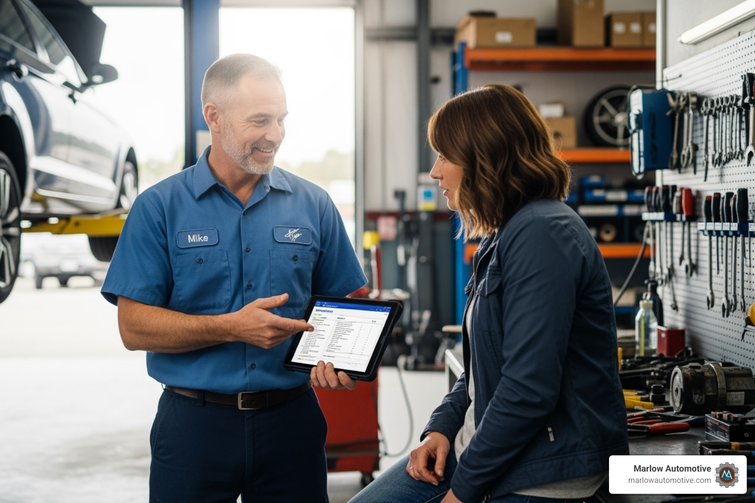 mechanic explaining diagnostic report to customer - auto diagnostics service
