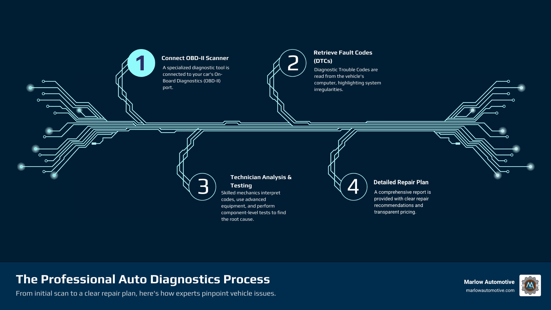 Comprehensive auto diagnostics process showing OBD-II scanner connected to vehicle computer system, fault code retrieval, technician analysis with professional diagnostic equipment, component testing procedures, and final diagnostic report with repair recommendations - auto diagnostics service infographic infographic-4-steps-tech