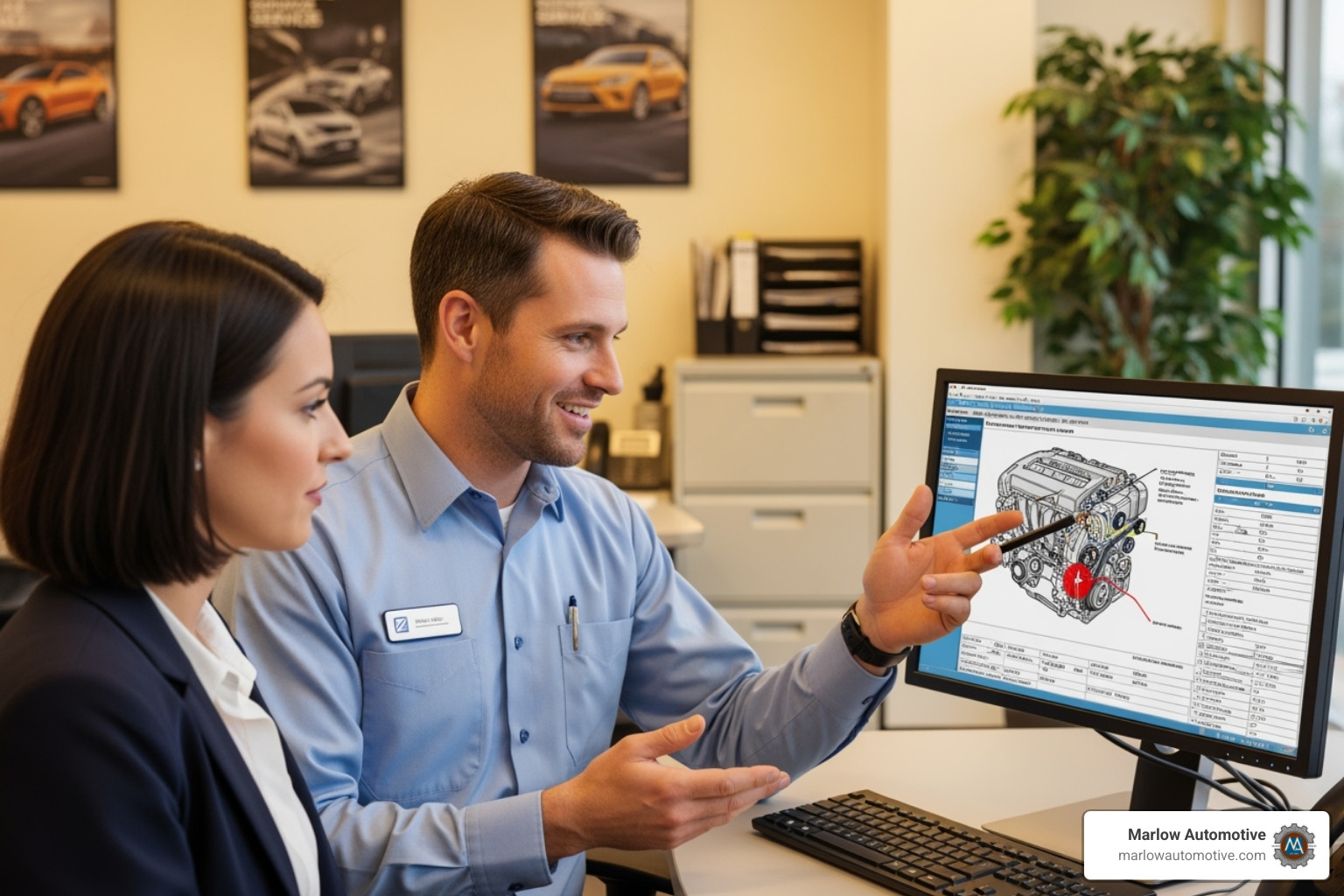 service advisor explaining repair to customer - automotive service center