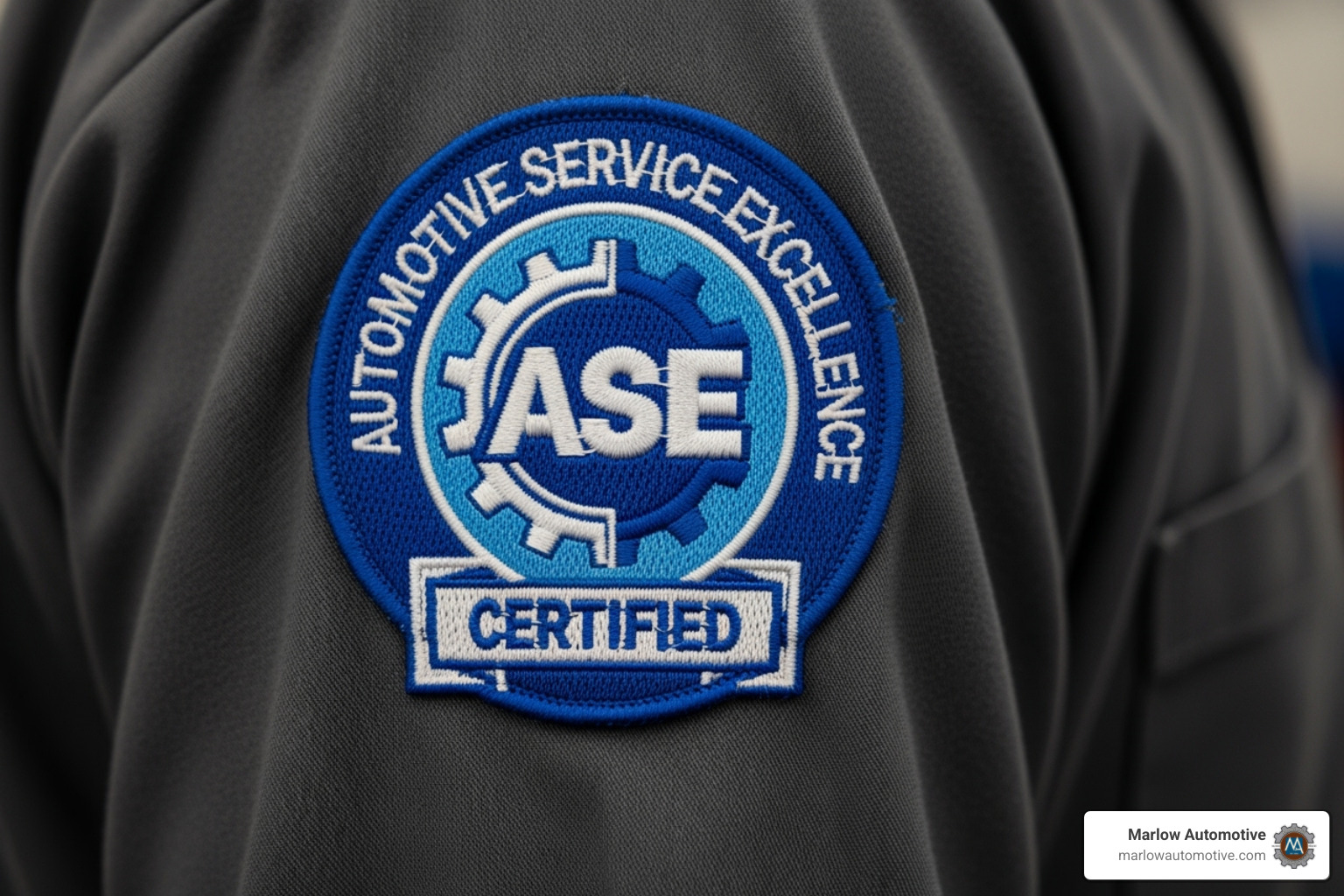 ASE certification patch on technician's uniform - automotive service center