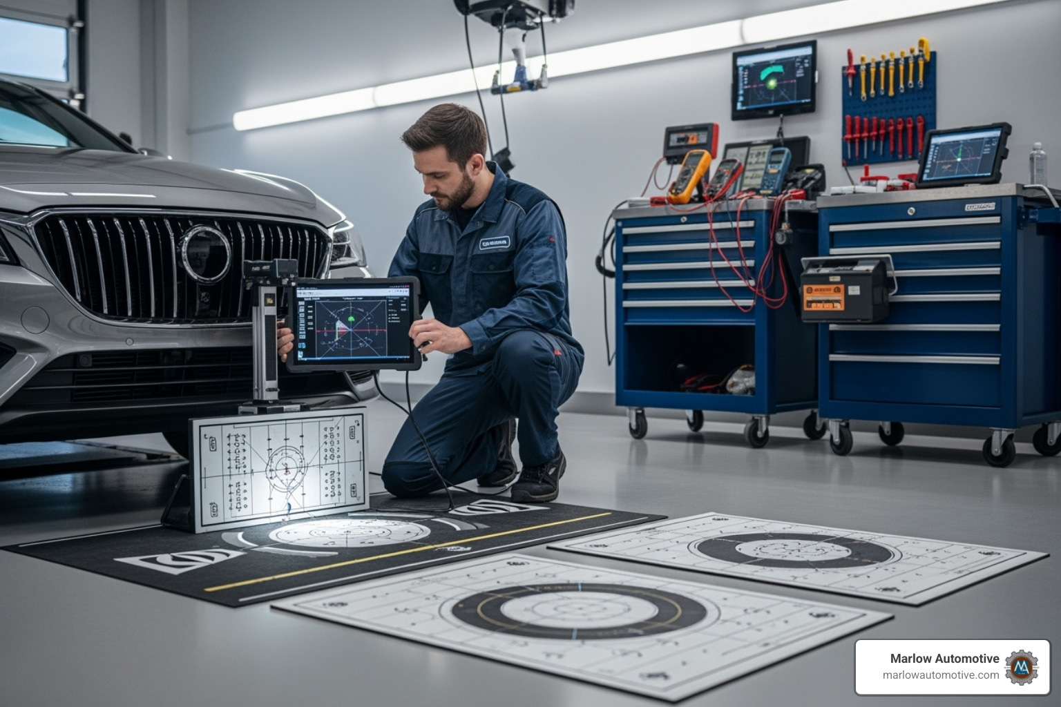 technician calibrating ADAS system - automotive service center