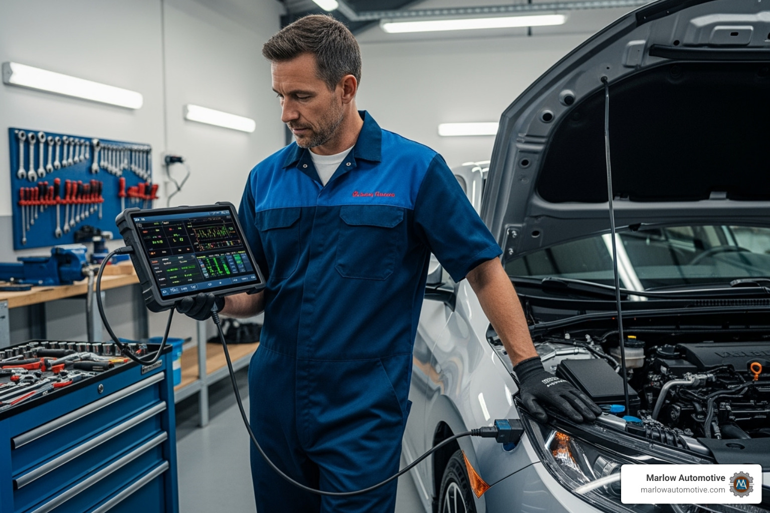 professional technician using an advanced diagnostic scanner on a modern vehicle - electrical troubleshooting