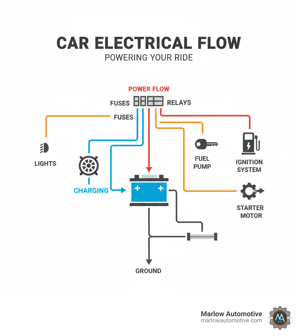 Infographic showing the basic electrical flow in a car: battery connects to alternator for charging, power flows through fuses and relays to various components like lights, ignition system, fuel pump, and starter motor, with all components grounding back to the battery negative terminal through the vehicle chassis - electrical troubleshooting infographic 