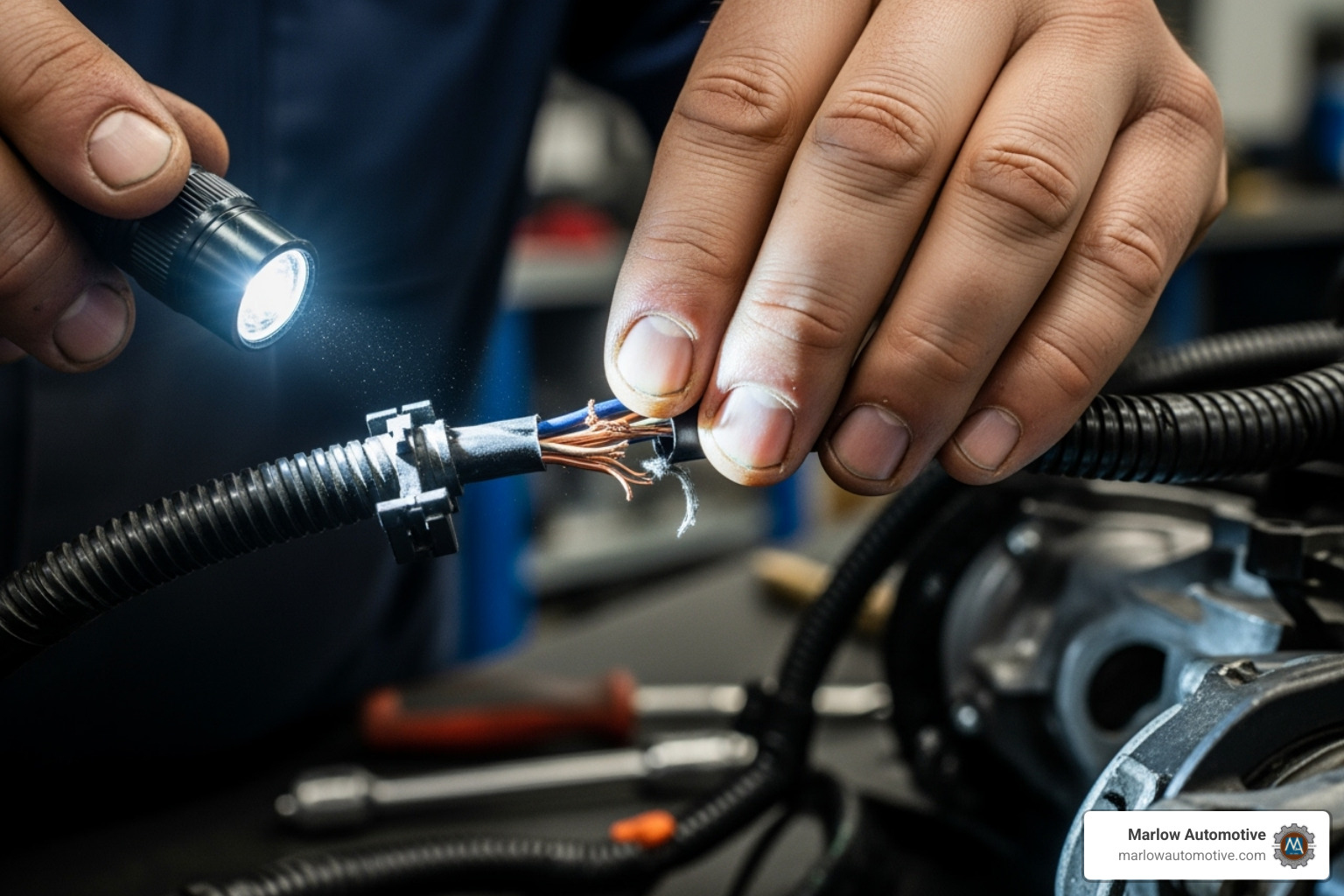 technician inspecting a wiring harness for damage - electrical troubleshooting