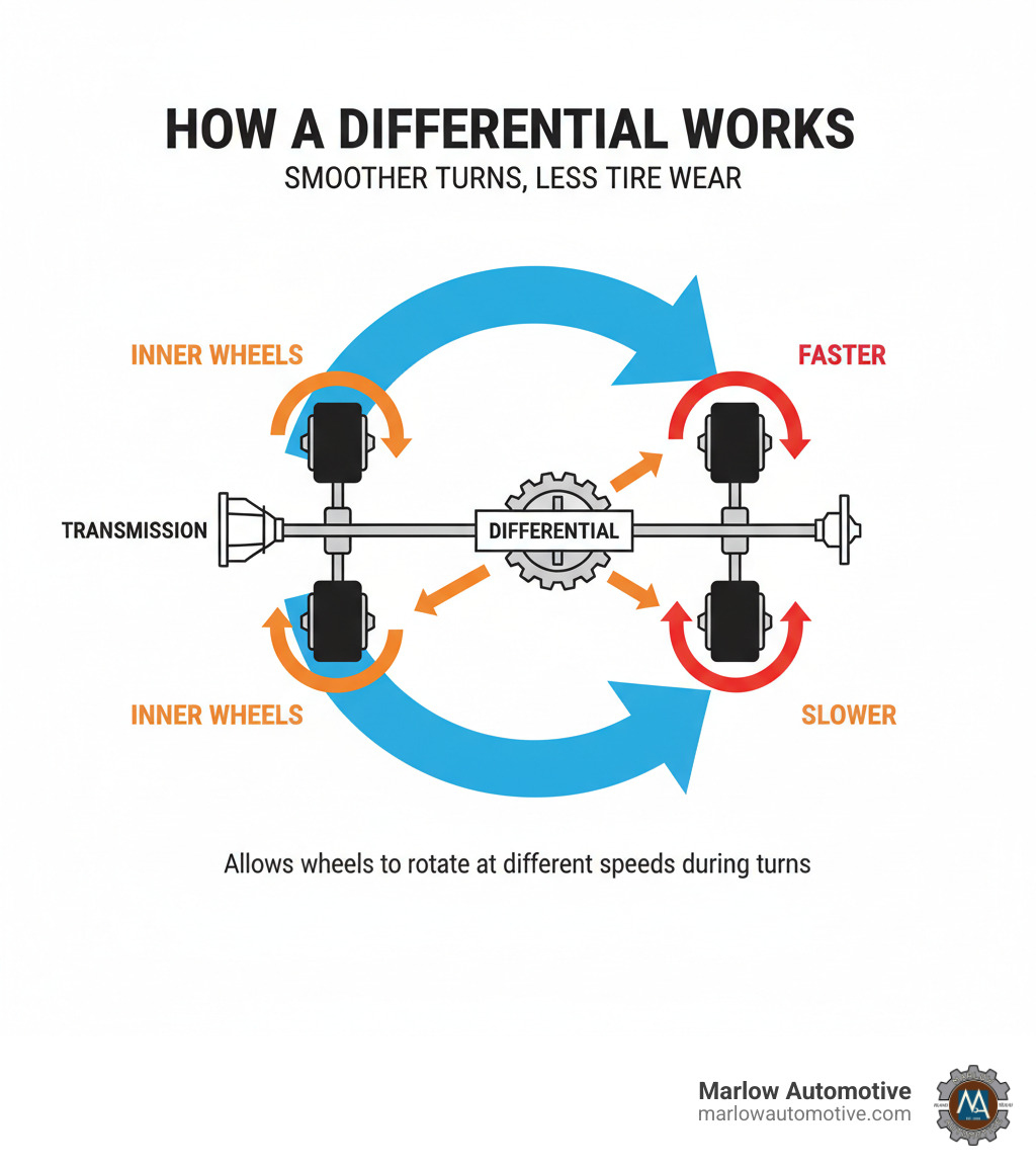 Infographic showing how a differential allows outer wheels to rotate faster than inner wheels during a turn, with arrows indicating different wheel speeds and the differential's location in the drivetrain - differential service infographic 