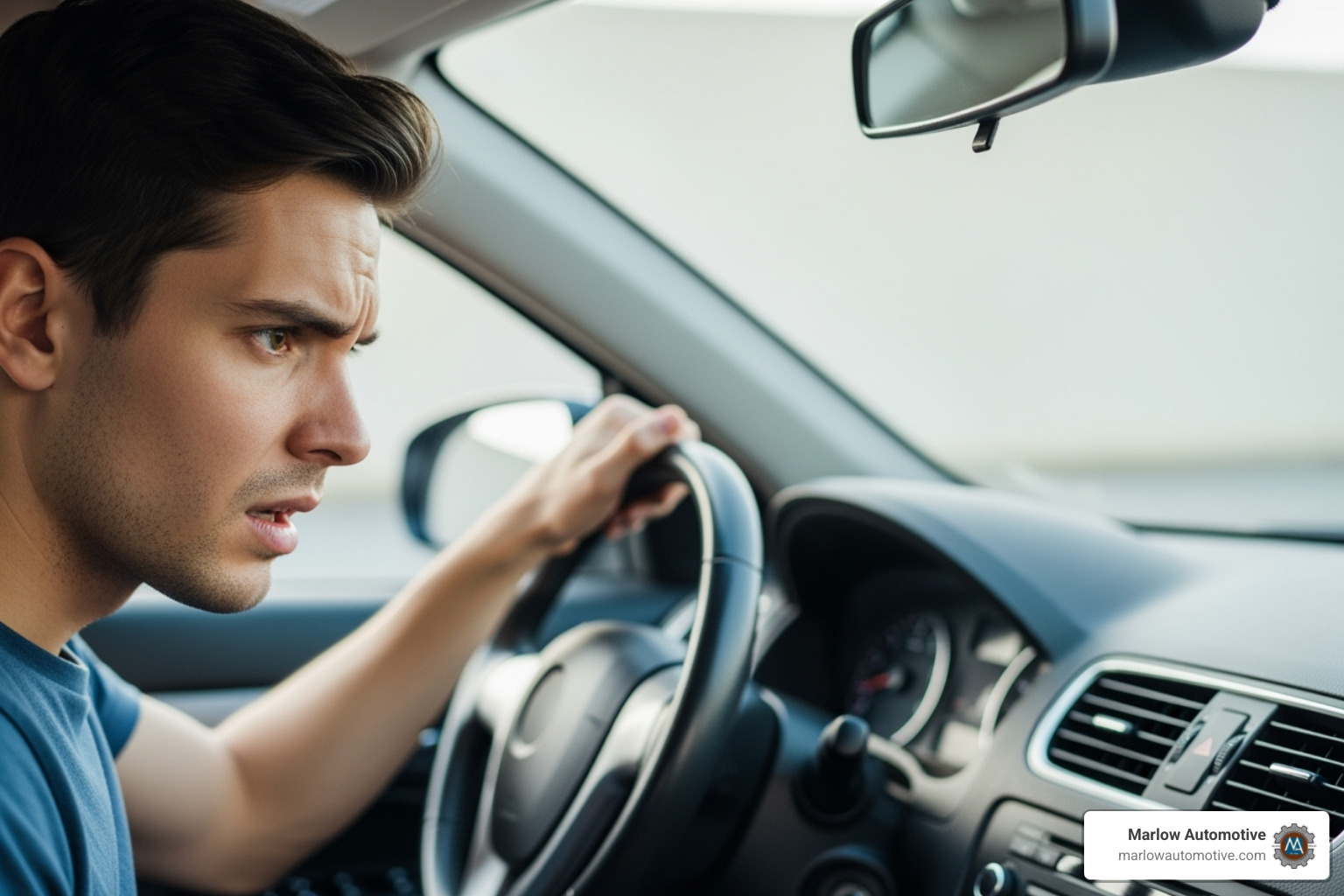 A driver looking concerned at their car's AC vent - car ac maintenance A driver looking concerned at their car's AC vent - car ac maintenance