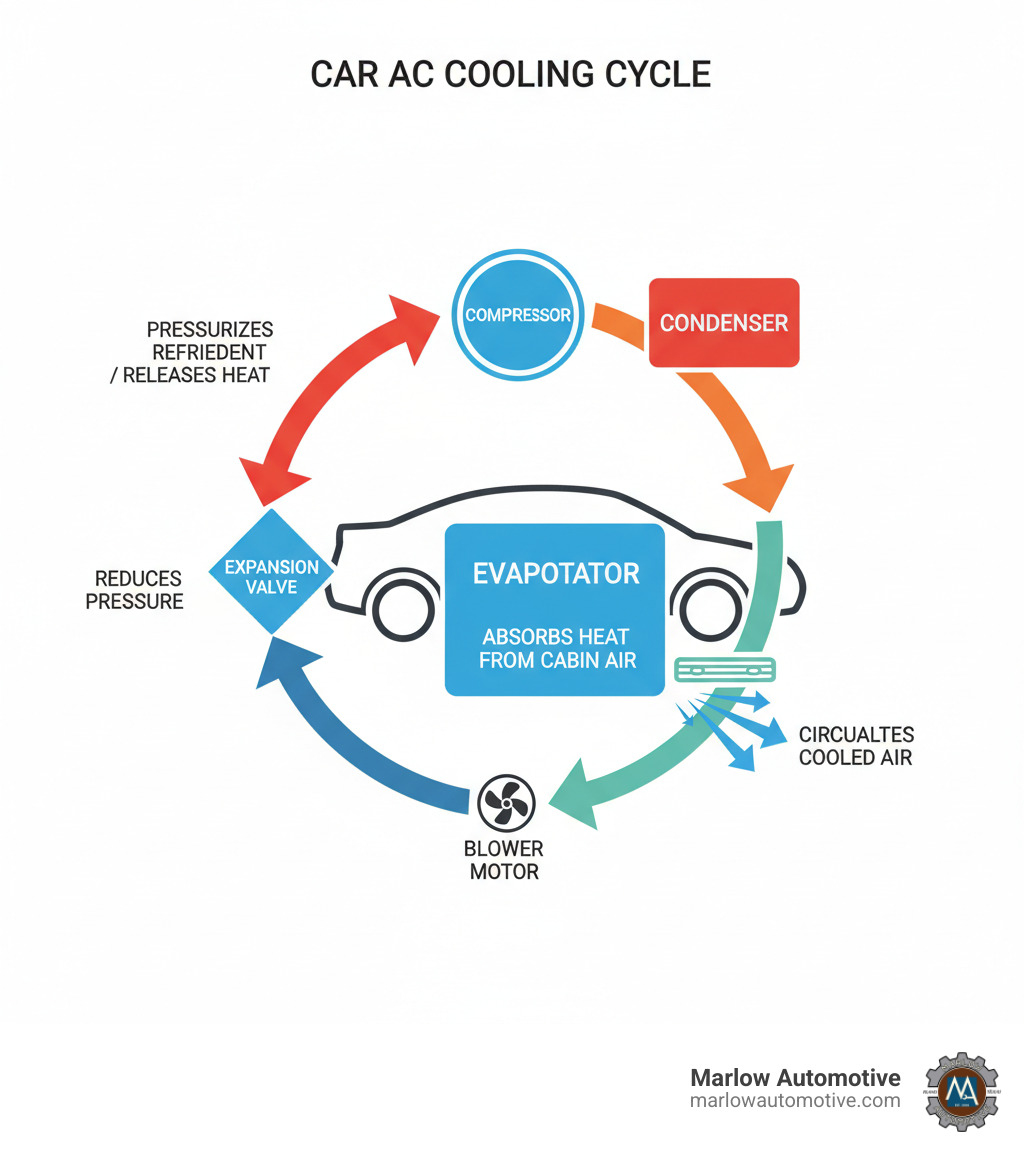 Detailed infographic showing the car AC cooling cycle with labeled components: compressor pressurizing refrigerant, condenser releasing heat outside the vehicle, expansion valve reducing pressure, evaporator absorbing heat from cabin air, and blower motor circulating cooled air through vents - car ac maintenance infographic  Detailed infographic showing the car AC cooling cycle with labeled components: compressor pressurizing refrigerant, condenser releasing heat outside the vehicle, expansion valve reducing pressure, evaporator absorbing heat from cabin air, and blower motor circulating cooled air through vents - car ac maintenance infographic
