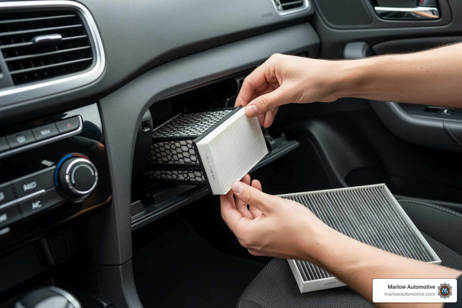 A person replacing a cabin air filter - car ac maintenance A person replacing a cabin air filter - car ac maintenance