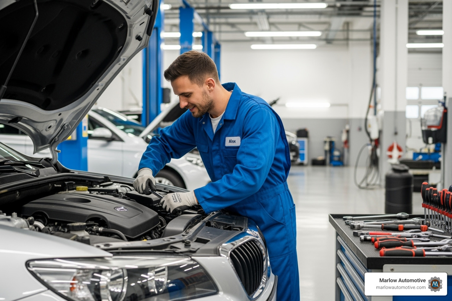 A friendly Marlow Automotive technician working on a car's engine bay - car ac maintenance A friendly Marlow Automotive technician working on a car's engine bay - car ac maintenance