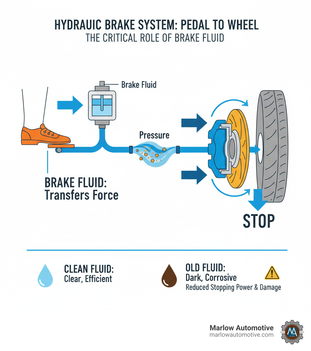 Infographic showing how a hydraulic brake system works from pedal to wheel, highlighting the role of brake fluid - brake fluid flush infographic  Infographic showing how a hydraulic brake system works from pedal to wheel, highlighting the role of brake fluid - brake fluid flush infographic