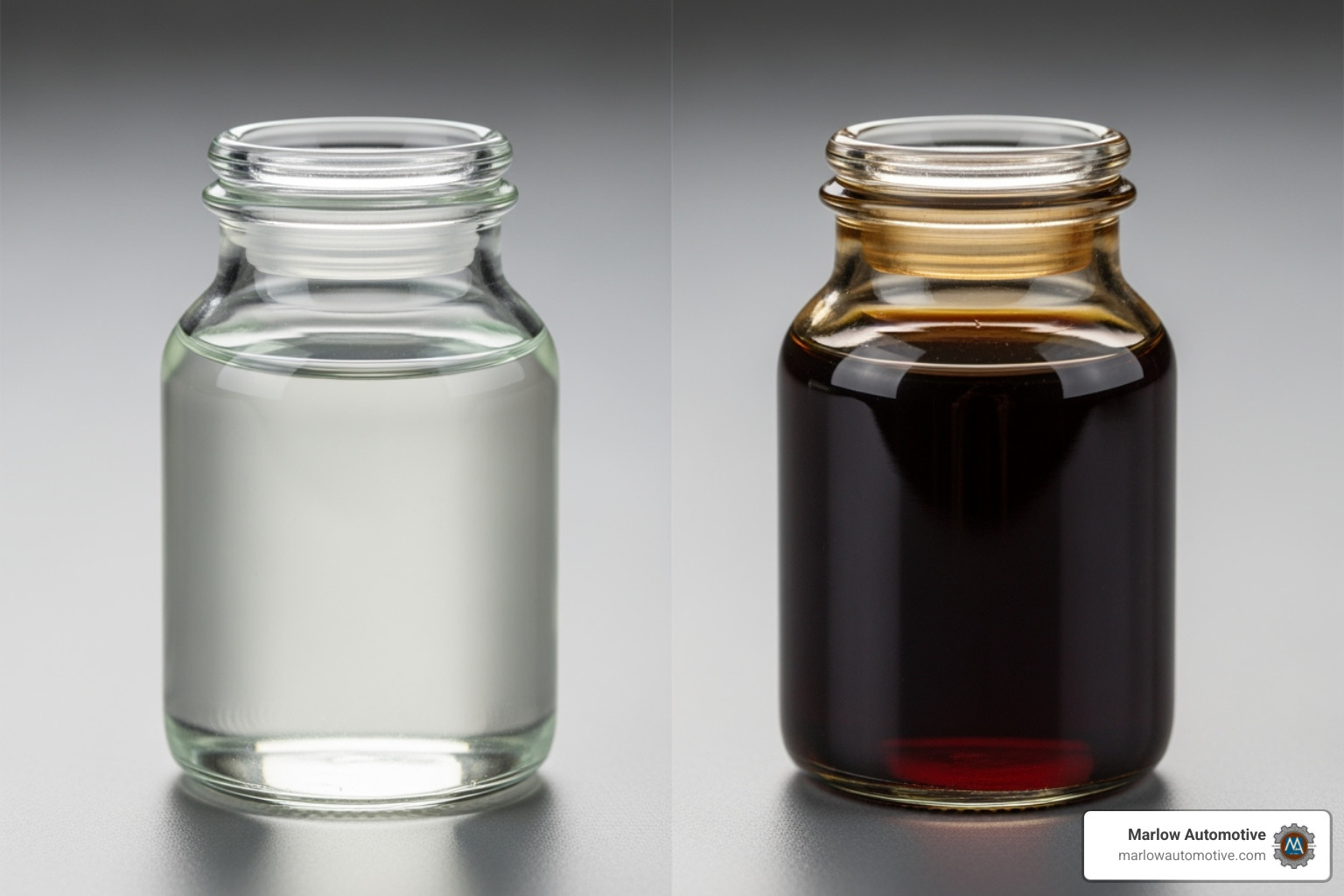 A side-by-side comparison of new, clear brake fluid and old, dark brake fluid - brake fluid flush A side-by-side comparison of new, clear brake fluid and old, dark brake fluid - brake fluid flush