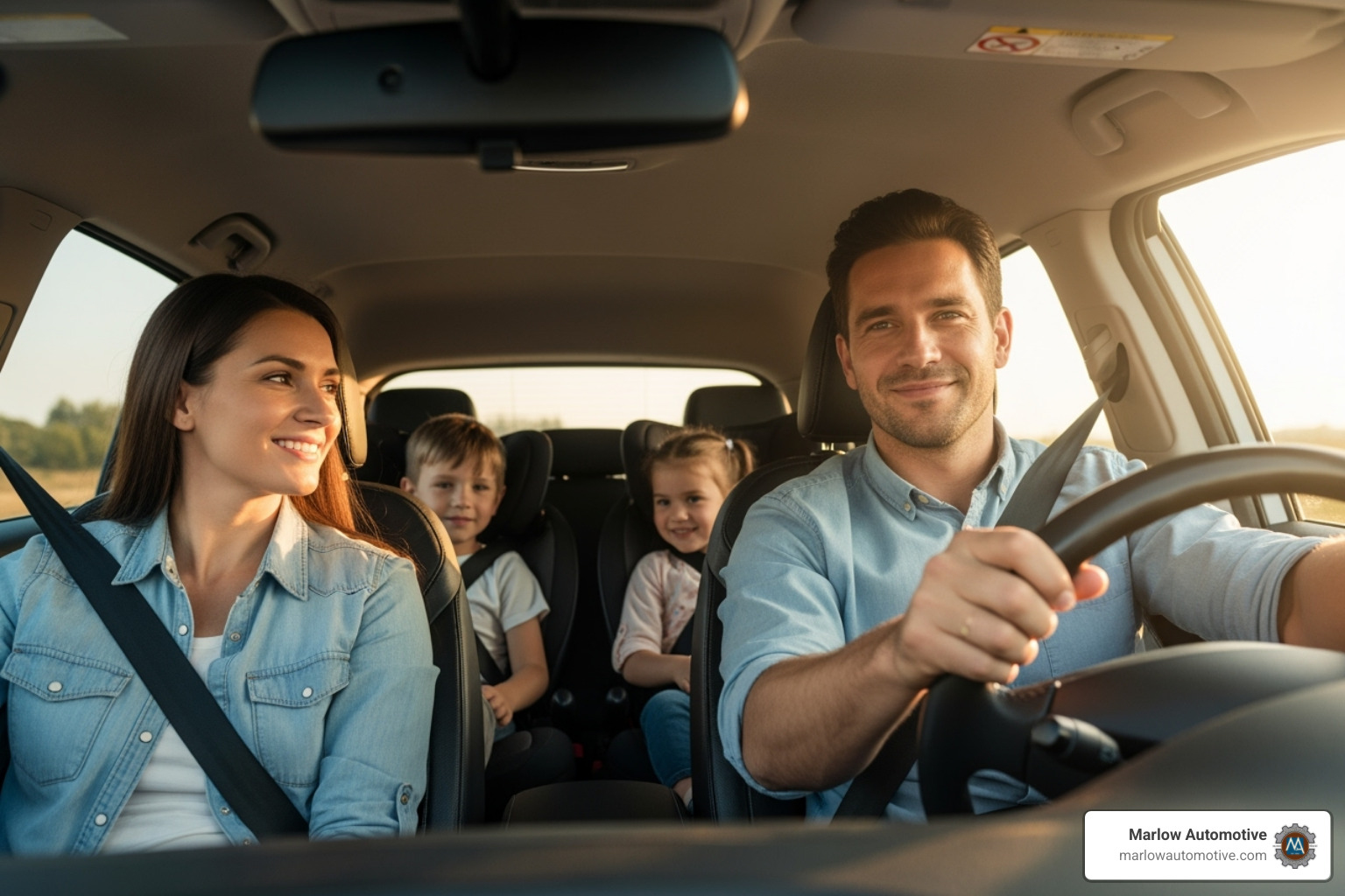 A happy family driving a car safely, symbolizing peace of mind after vehicle maintenance - brake fluid flush A happy family driving a car safely, symbolizing peace of mind after vehicle maintenance - brake fluid flush