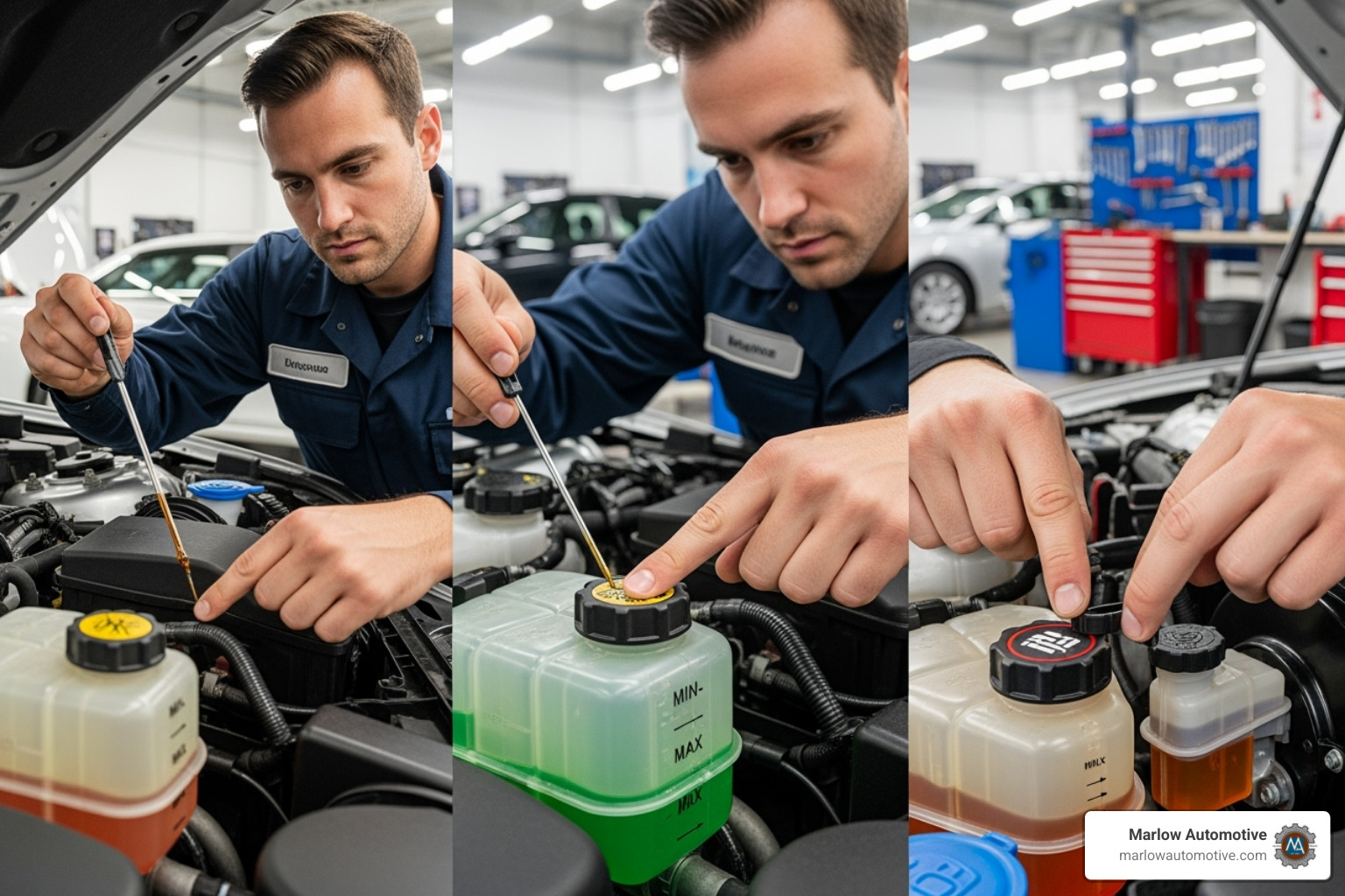 Marlow Automotive technician checking various fluid levels (coolant, brake, power steering) - full service oil change Marlow Automotive technician checking various fluid levels (coolant, brake, power steering) - full service oil change