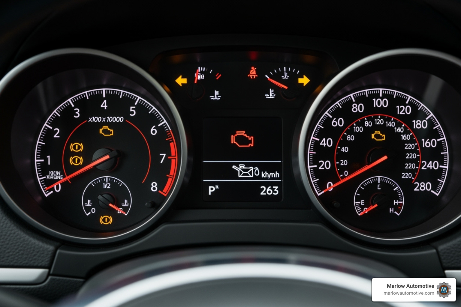 Dashboard with the check engine light and oil pressure light illuminated - full service oil change Dashboard with the check engine light and oil pressure light illuminated - full service oil change