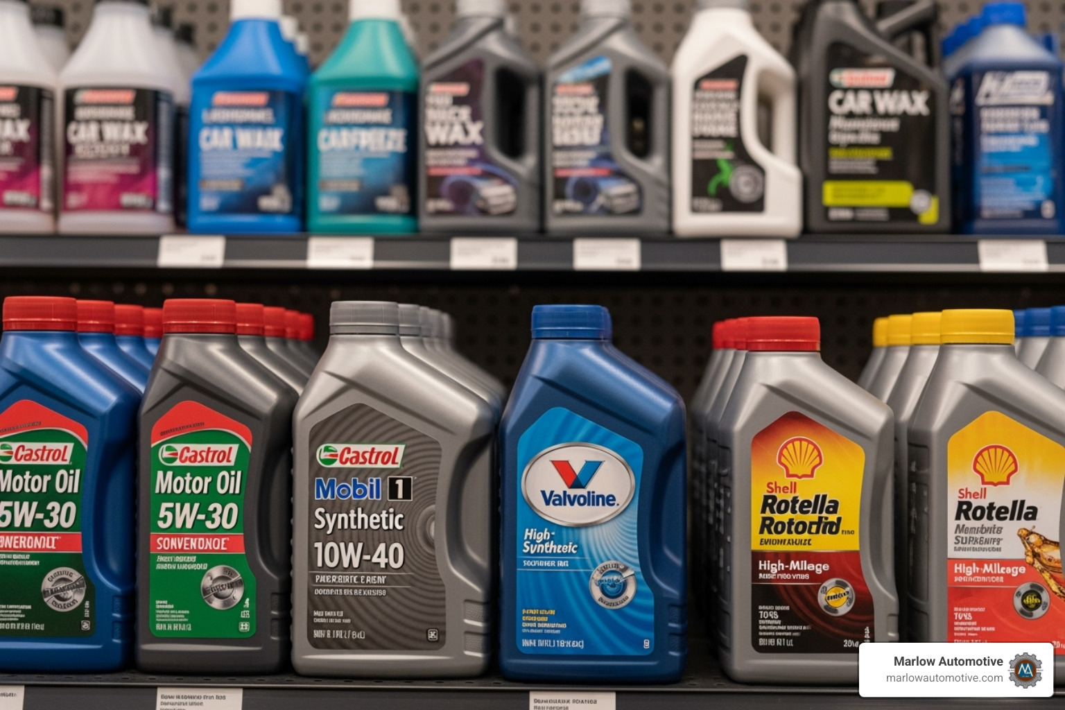 Different types of motor oil bottles (conventional, synthetic, high-mileage) - full service oil change Different types of motor oil bottles (conventional, synthetic, high-mileage) - full service oil change