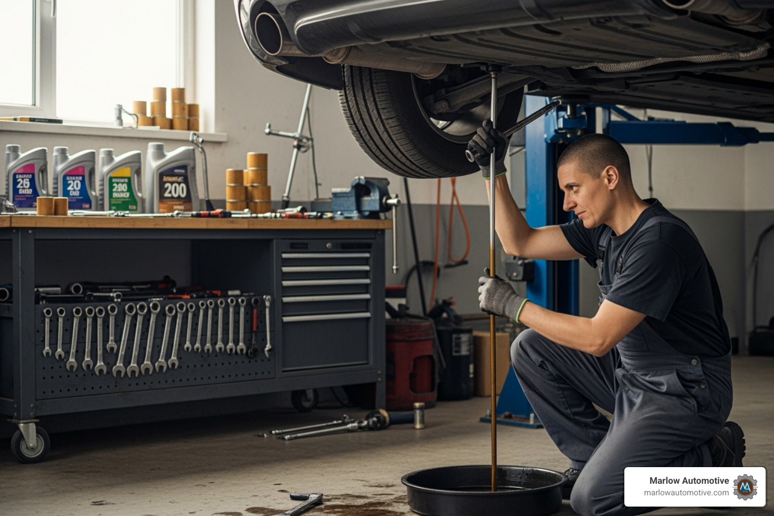 A skilled mechanic performing an oil change on a car, with various tools and fresh oil containers visible in the background, highlighting the routine yet crucial aspect of vehicle maintenance. - auto repair frisco tx A skilled mechanic performing an oil change on a car, with various tools and fresh oil containers visible in the background, highlighting the routine yet crucial aspect of vehicle maintenance. - auto repair frisco tx