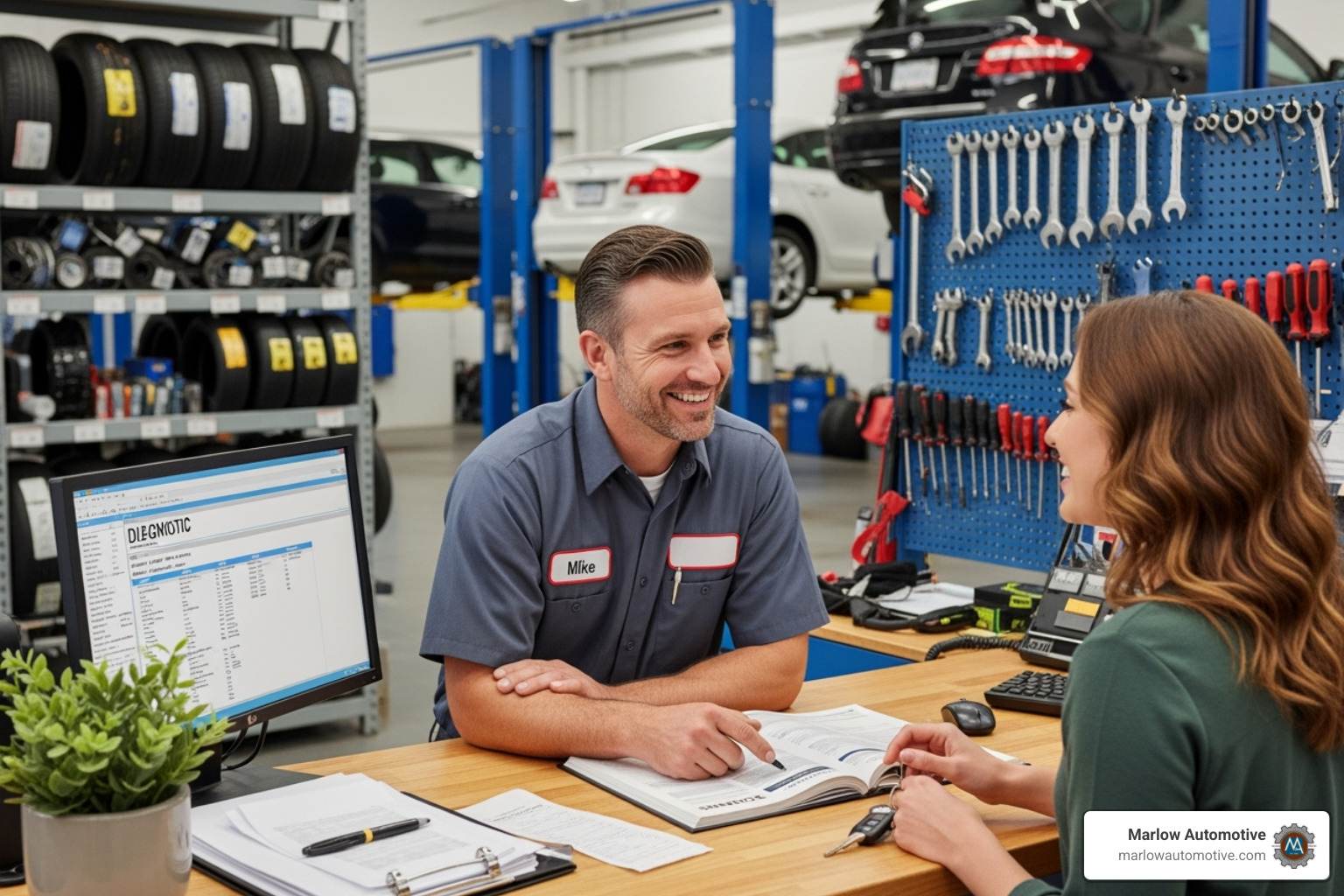 A customer and a friendly mechanic smiling and talking at a service desk, with car parts and tools visible in the background, illustrating good customer service and clear communication. - auto repair frisco tx A customer and a friendly mechanic smiling and talking at a service desk, with car parts and tools visible in the background, illustrating good customer service and clear communication. - auto repair frisco tx