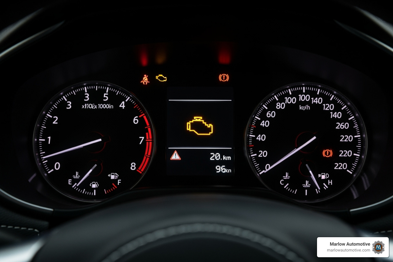 A car dashboard with the check engine light prominently illuminated, serving as a universal warning sign that the vehicle requires immediate attention from a mechanic. - auto repair frisco tx A car dashboard with the check engine light prominently illuminated, serving as a universal warning sign that the vehicle requires immediate attention from a mechanic. - auto repair frisco tx