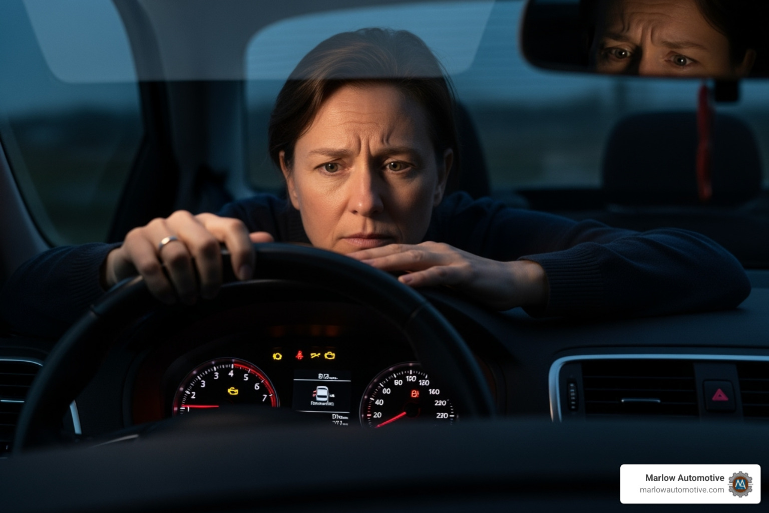 car owner looking concerned at dashboard - car diagnostic inspection car owner looking concerned at dashboard - car diagnostic inspection