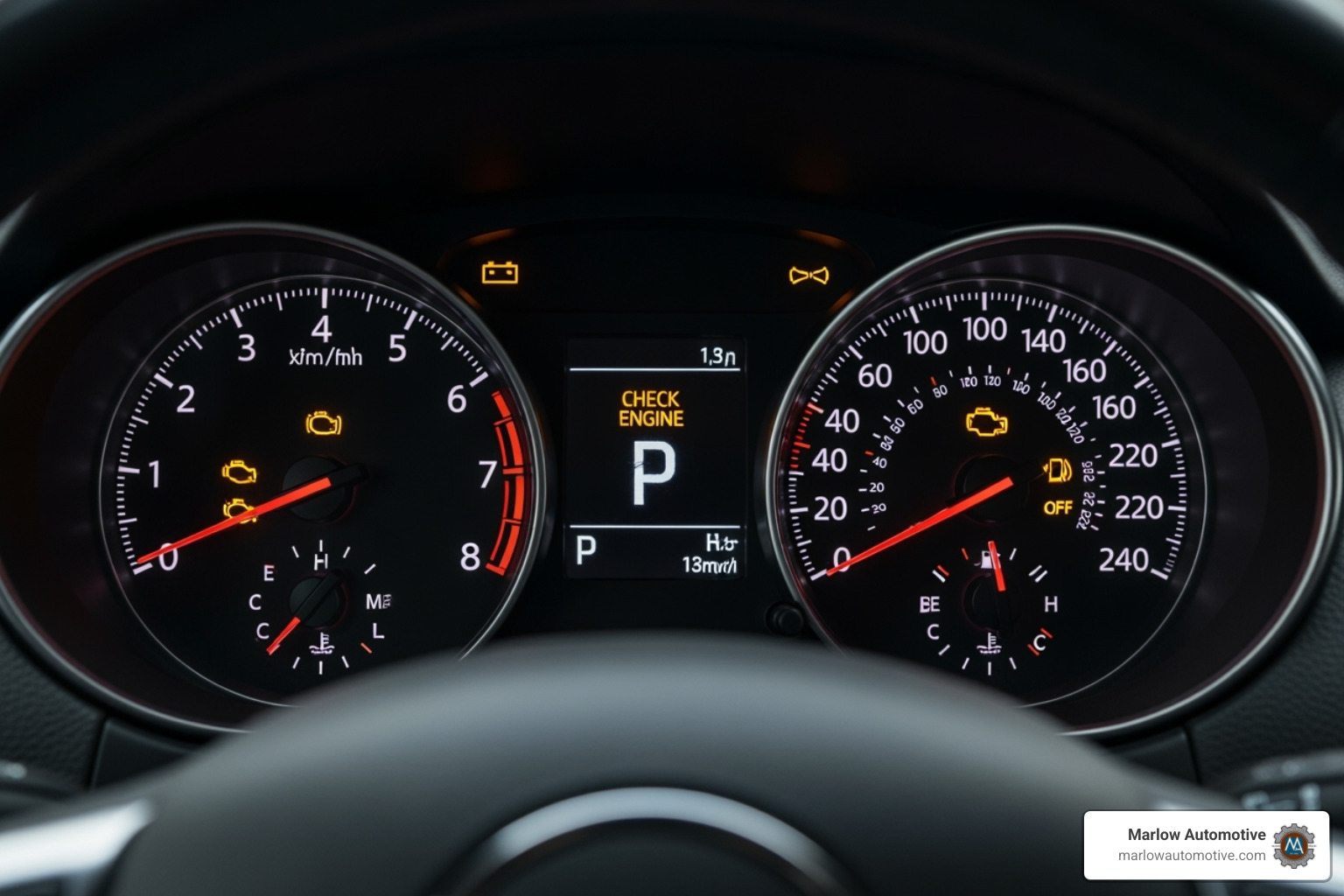 car's dashboard with the check engine light illuminated - auto maintenance near me