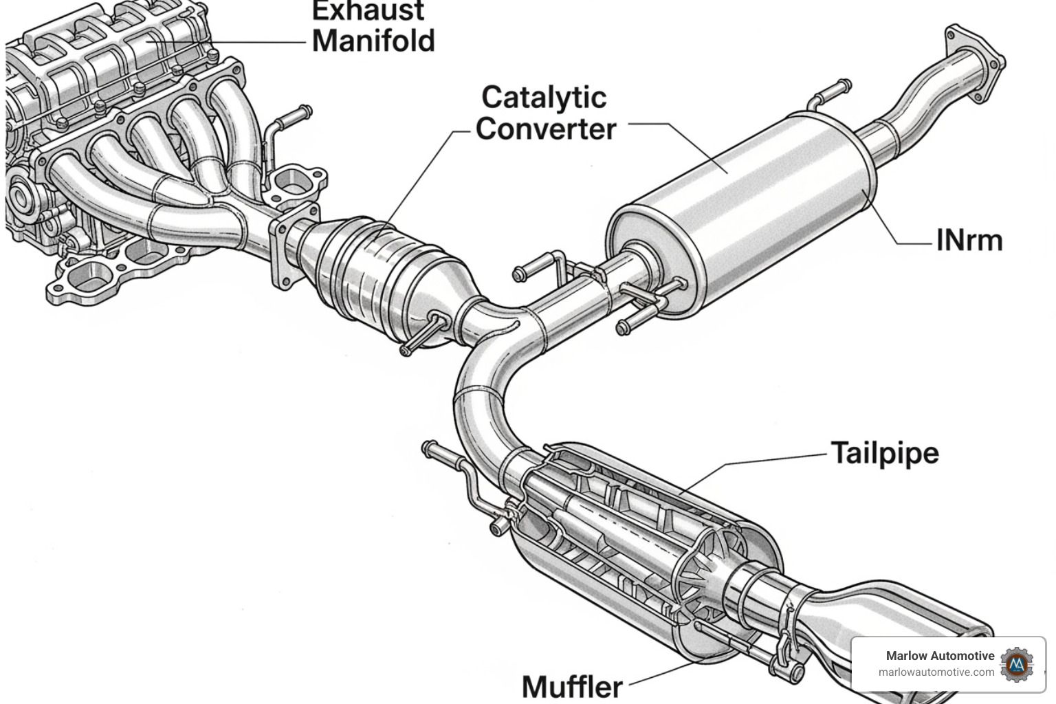 Labeled diagram showing the full exhaust system from manifold to tailpipe - car exhaust repair