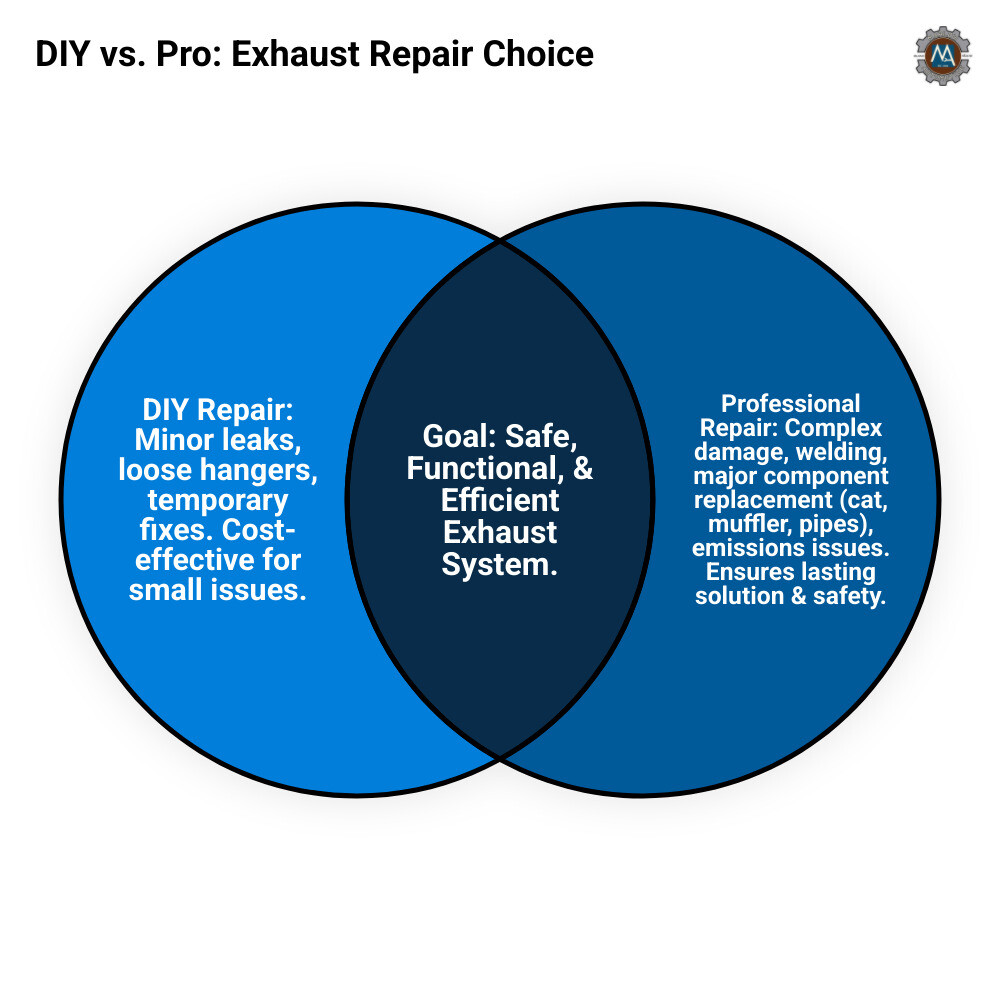 Infographic comparing DIY repair vs professional repair for car exhaust issues, highlighting factors like cost, complexity, tools needed, and safety - car exhaust repair infographic venn_diagram