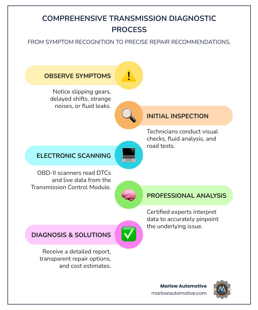 Comprehensive transmission diagnostic process flow showing symptoms leading to electronic scanning, visual inspection, road testing, and final diagnosis with repair recommendations - transmission diagnostic infographic infographic-line-5-steps-colors