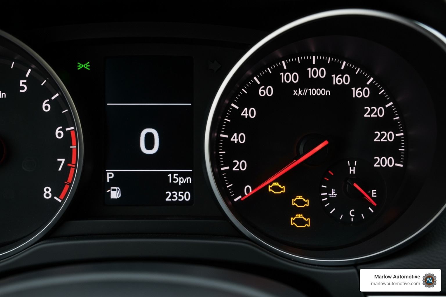 A dashboard with the check engine light illuminated, indicating a potential issue - transmission diagnostic