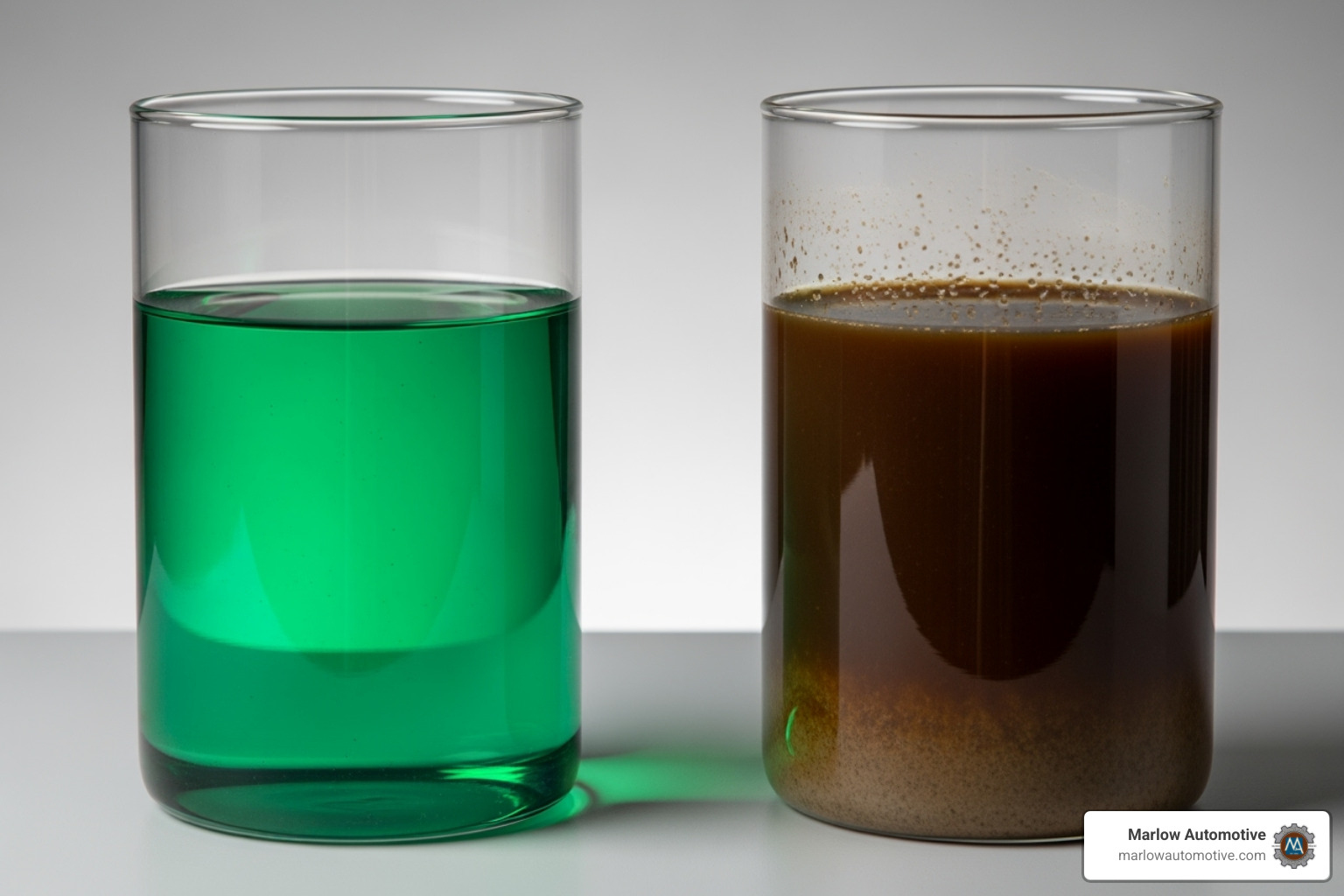 side-by-side comparison of clean, colorful coolant and old, sludgy brown coolant - coolant flush service