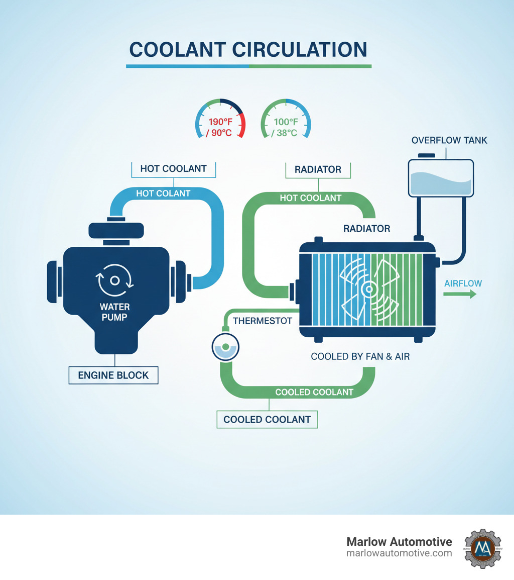 Detailed infographic showing coolant circulation: coolant flows from engine block through hoses to radiator, gets cooled by airflow and fan, then returns to engine; includes temperature readings and component labels for water pump, thermostat, and overflow tank - coolant flush service infographic 