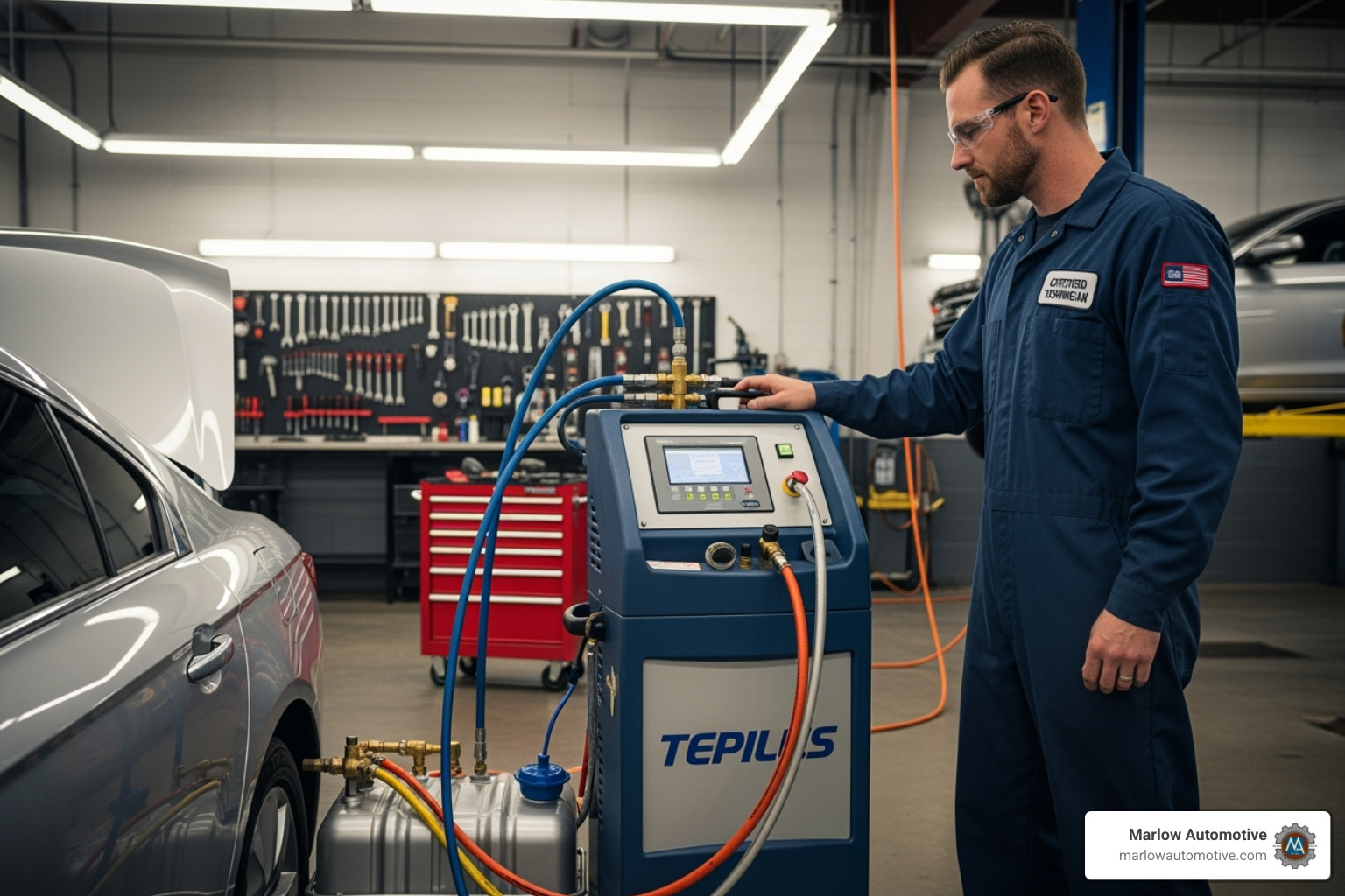 a certified technician using a coolant flush machine on a vehicle - coolant flush service