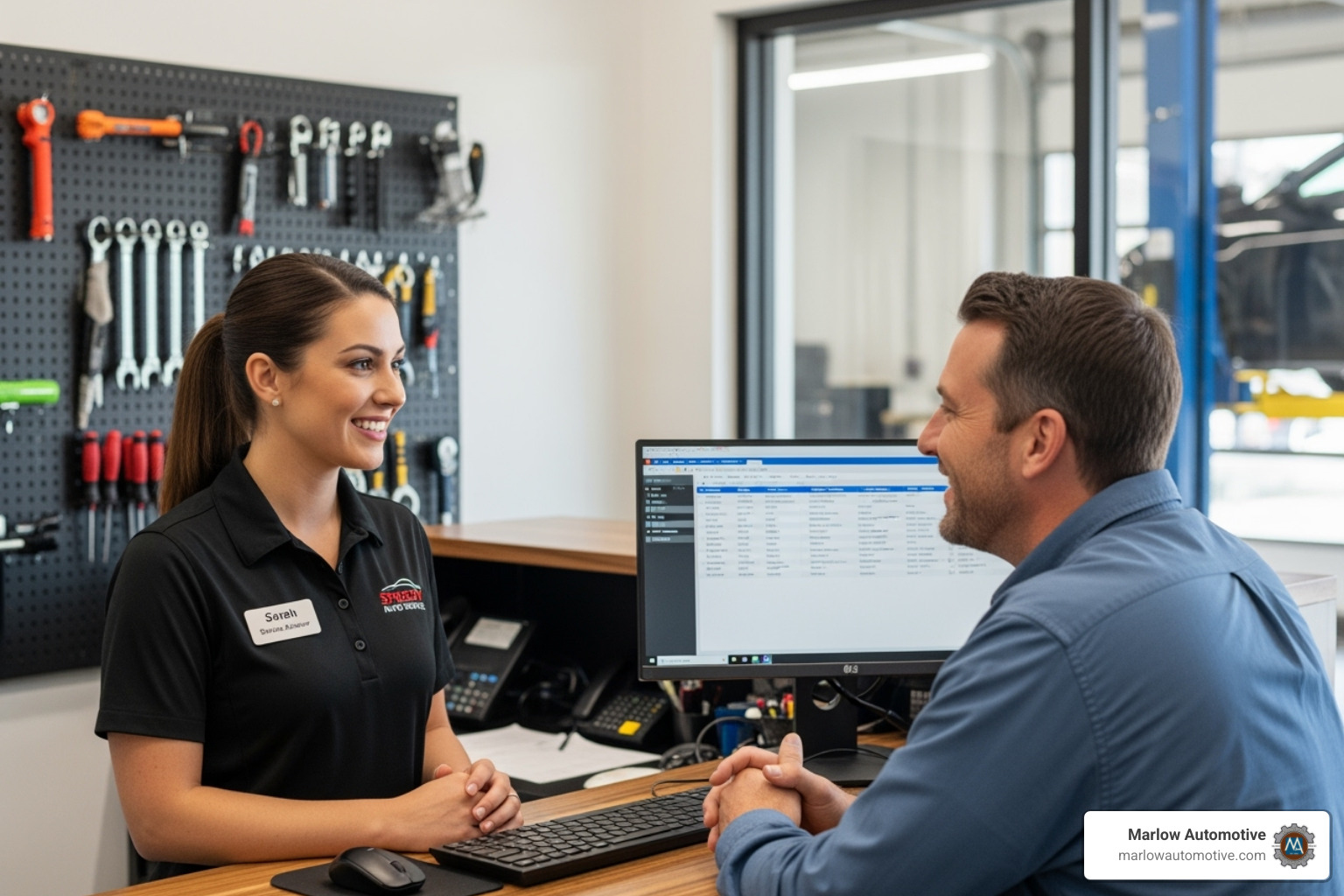 Customer talking to friendly service advisor - same day auto repair