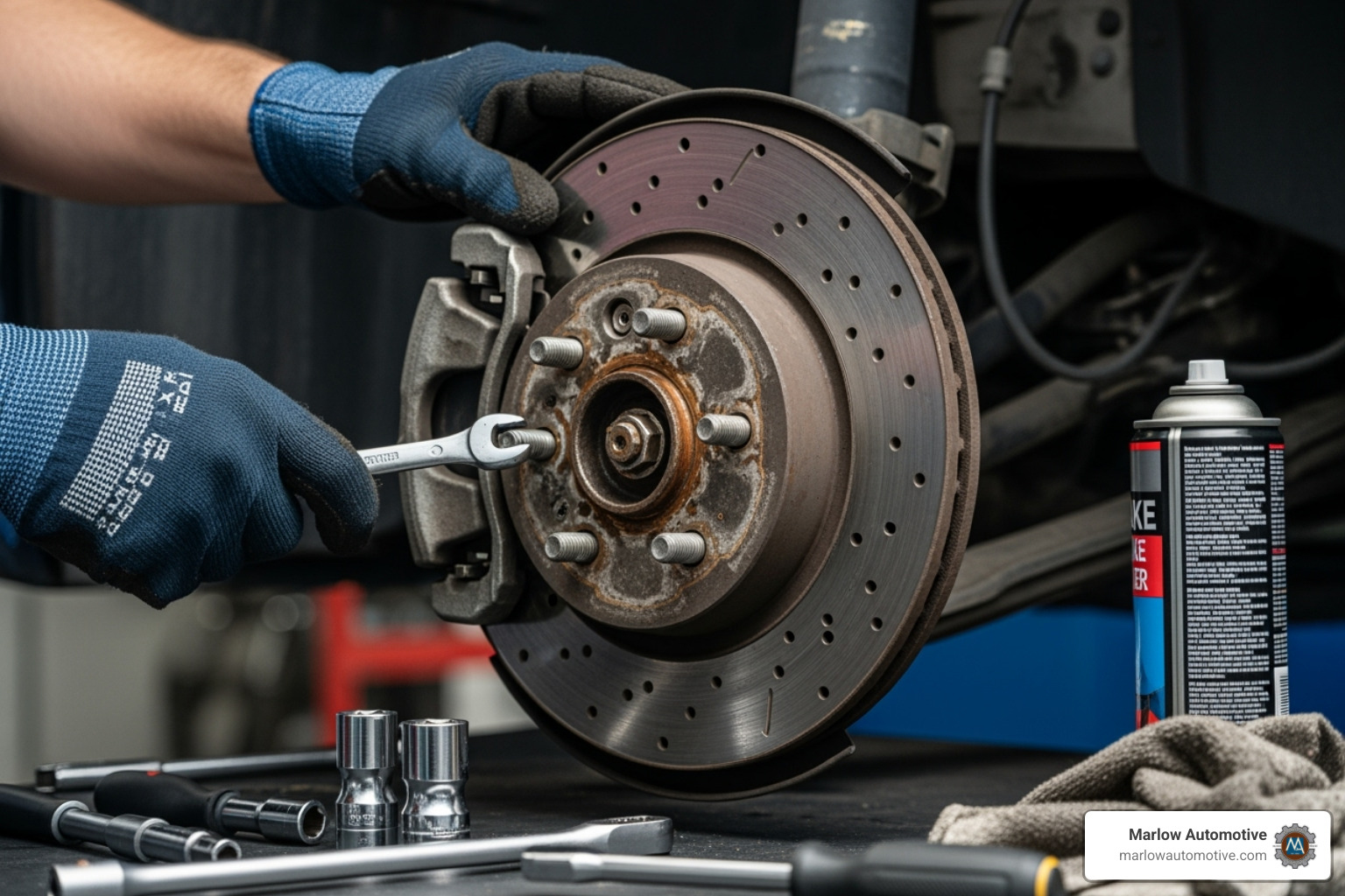 Mechanic working on brakes - same day auto repair