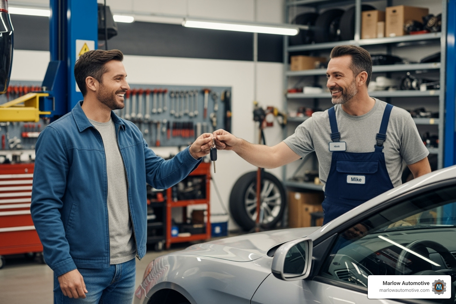 Happy driver getting keys back from mechanic - same day auto repair
