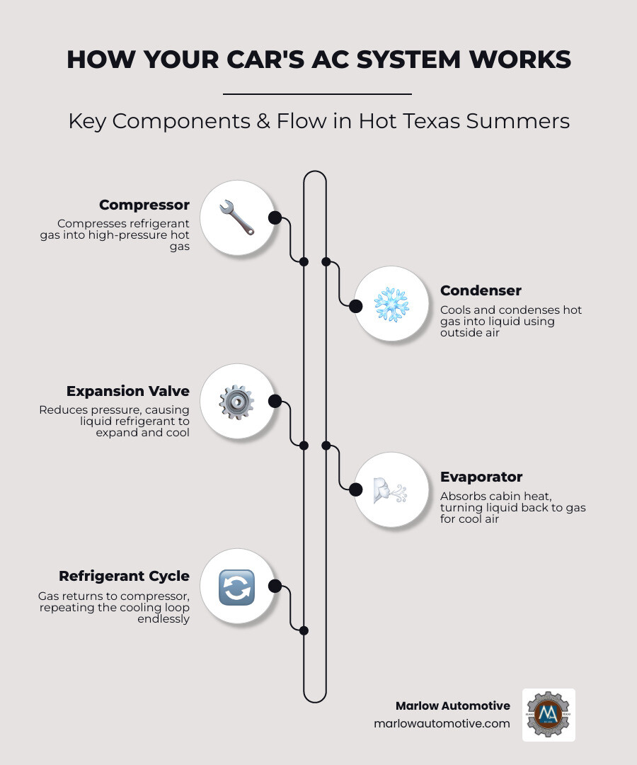 Infographic showing how a vehicle AC system works, including labeled components such as the compressor, condenser, expansion valve, evaporator, and refrigerant flow path, alongside a quick-reference list of common AC warning signs and a step-by-step overview of what a professional AC inspection includes in a hot Texas climate - auto ac repair services in frisco, tx infographic infographic-line-5-steps-elegant_beige