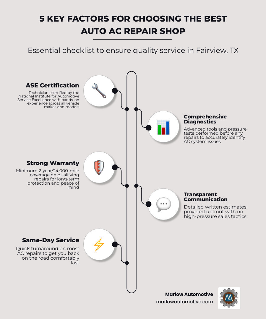 Infographic showing the 5 key factors for choosing the best auto AC repair shop in Fairview TX: ASE certification, warranty length, diagnostic process, customer reviews, and same-day service availability — with icons and a simple checklist layout - best auto ac repair in fairview, tx infographic infographic-line-5-steps-elegant_beige