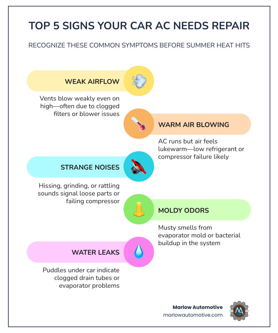 Infographic showing the top 5 signs your car AC needs repair in McKinney TX, the AC repair process from diagnosis to refrigerant recharge, key factors to look for in a McKinney AC repair shop including warranties and ASE certification, and common AC components that fail in Texas heat including compressor, condenser, and evaporator - best auto ac repair in mckinney, tx infographic infographic-line-5-steps-colors