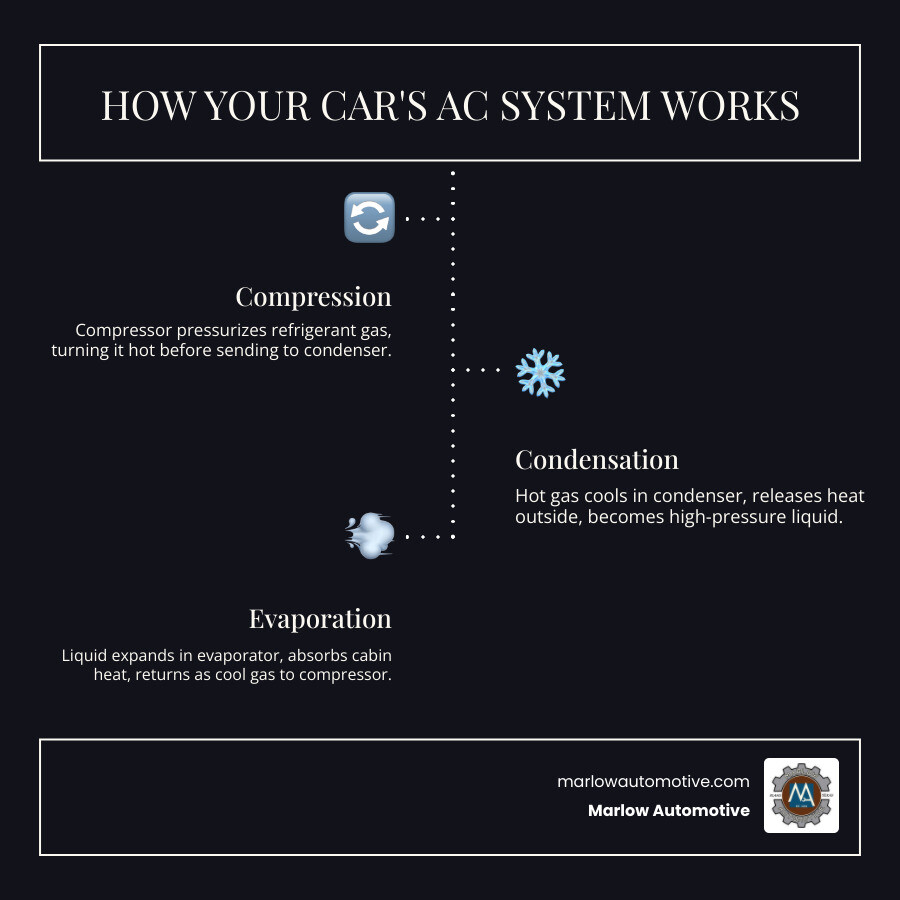 Infographic showing how a car air conditioning system works: refrigerant cycle from compressor to condenser to expansion valve to evaporator and back, with labels for each component, common failure points highlighted in red, and a side panel listing top warning signs your AC needs service including warm air, weak airflow, strange noises, and mold smell - best auto ac repair in richardson, tx infographic infographic-line-3-steps-dark Infographic showing how a car air conditioning system works: refrigerant cycle from compressor to condenser to expansion valve to evaporator and back, with labels for each component, common failure points highlighted in red, and a side panel listing top warning signs your AC needs service including warm air, weak airflow, strange noises, and mold smell - best auto ac repair in richardson, tx infographic infographic-line-3-steps-dark