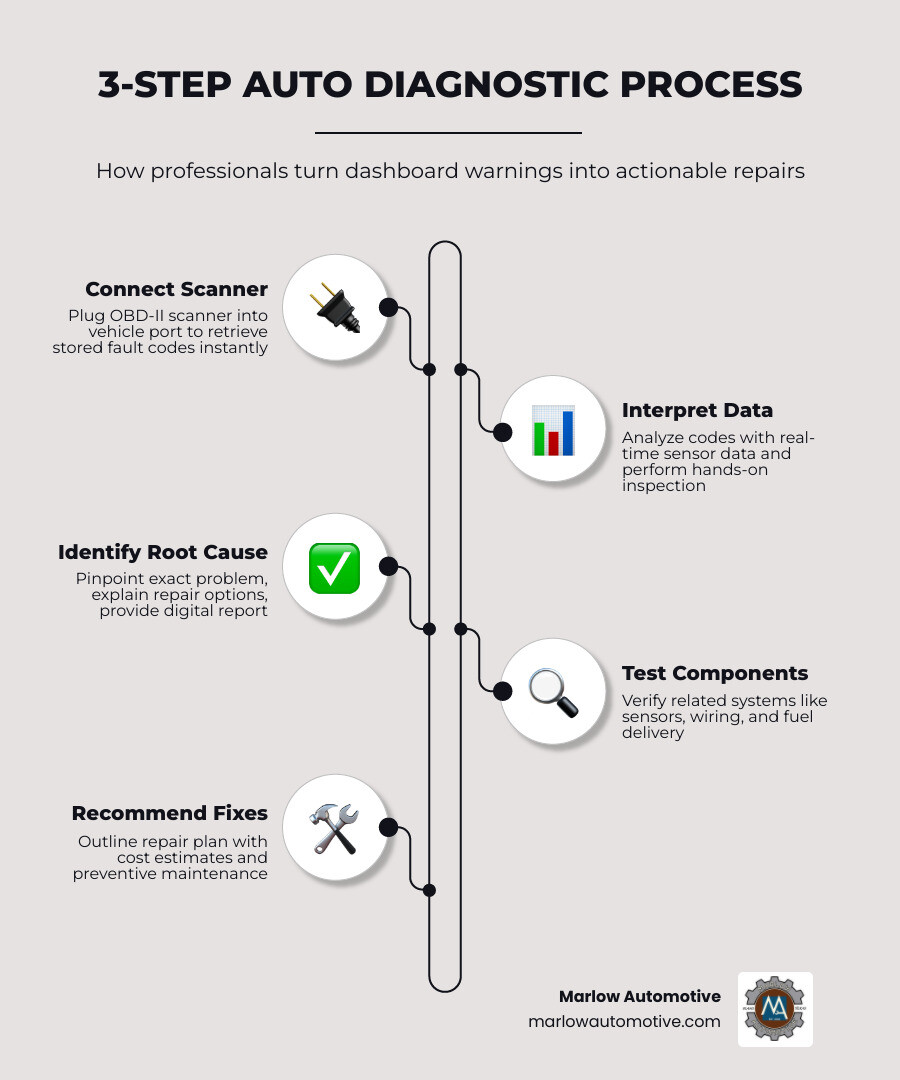 Infographic showing the 3-step auto diagnostic process: Step 1 - Connect OBD-II scanner to vehicle port and retrieve fault codes; Step 2 - Technician interprets codes using real-time sensor data and performs hands-on inspection; Step 3 - Root cause identified, repair options explained, and digital report provided to vehicle owner - best auto diagnostics in garland, tx infographic infographic-line-5-steps-elegant_beige Infographic showing the 3-step auto diagnostic process: Step 1 - Connect OBD-II scanner to vehicle port and retrieve fault codes; Step 2 - Technician interprets codes using real-time sensor data and performs hands-on inspection; Step 3 - Root cause identified, repair options explained, and digital report provided to vehicle owner - best auto diagnostics in garland, tx infographic infographic-line-5-steps-elegant_beige