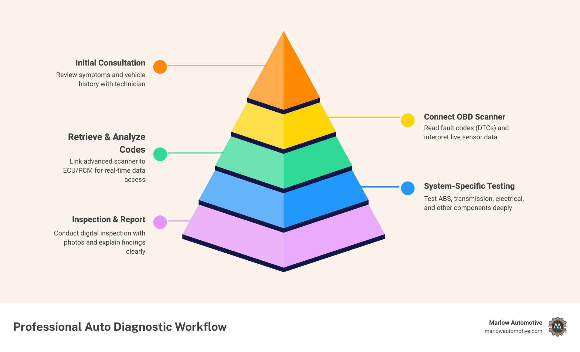 Infographic showing the professional auto diagnostic workflow in Lucas TX: Step 1 - Initial consultation and symptom review; Step 2 - Advanced OBD scanner connects to vehicle ECU/PCM; Step 3 - Fault codes retrieved and live data analyzed; Step 4 - System-specific testing (ABS, transmission, electrical); Step 5 - Digital vehicle inspection with photos; Step 6 - Technician explains findings and recommends repairs; Step 7 - Repair completed and re-tested; Key features to look for: ASE-certified techs, warranty coverage, transparent reporting - best auto diagnostics in lucas, tx infographic pyramid-hierarchy-5-steps