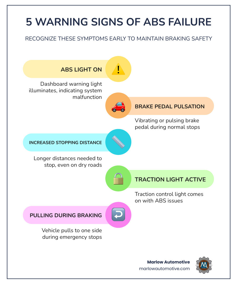 Infographic showing 5 warning signs of ABS failure including illuminated ABS dashboard warning light, brake pedal pulsation during normal braking, increased stopping distances, traction control light activation, and unusual pulling to one side during braking, with arrows pointing to the ABS system components: wheel speed sensors, control module, hydraulic pump, and wiring harness - abs repair in carrollton tx infographic infographic-line-5-steps-colors