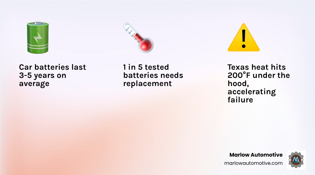 Infographic showing car battery lifespan cycle: 3-5 year replacement schedule, warning signs of failure (slow crank, dim lights, corrosion), Texas heat impact with 200°F under-hood temperature stat, 1-in-5 battery failure rate, and a comparison between AGM and standard flooded batteries with AGM showing 2x longer lifespan - battery replacement near fairview, tx infographic 3_facts_emoji_light-gradient Infographic showing car battery lifespan cycle: 3-5 year replacement schedule, warning signs of failure (slow crank, dim lights, corrosion), Texas heat impact with 200°F under-hood temperature stat, 1-in-5 battery failure rate, and a comparison between AGM and standard flooded batteries with AGM showing 2x longer lifespan - battery replacement near fairview, tx infographic 3_facts_emoji_light-gradient