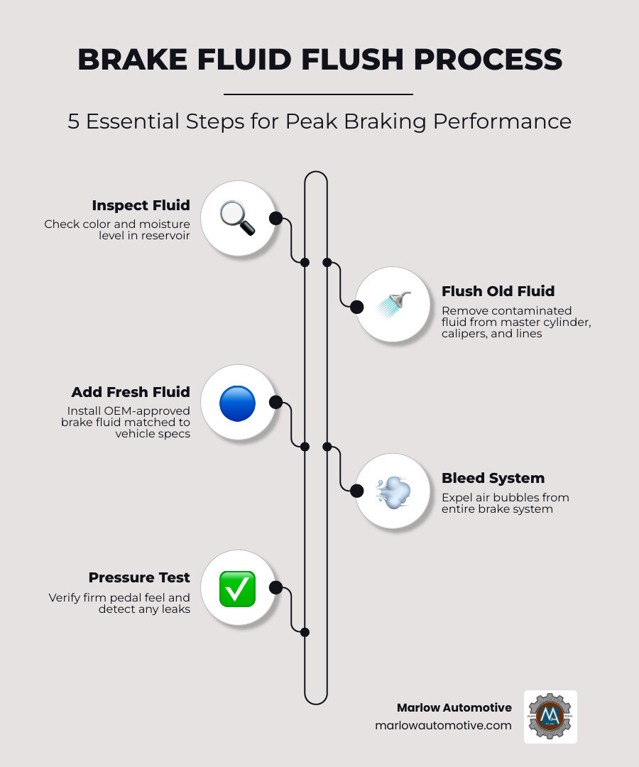 Infographic showing: Top 5 things to look for in the best brake fluid flush service in Carrollton TX - Step 1: ASE-certified technician inspects current fluid color and moisture level; Step 2: Old fluid is fully flushed from master cylinder, calipers, and brake lines; Step 3: OEM-approved fresh fluid is added; Step 4: System is bled to remove air bubbles; Step 5: Pressure test confirms firm pedal feel and no leaks - with icons for each step and a footer note: Replace every 30,000 miles or 2 years - best brake fluid flush in carrollton, tx infographic infographic-line-5-steps-elegant_beige