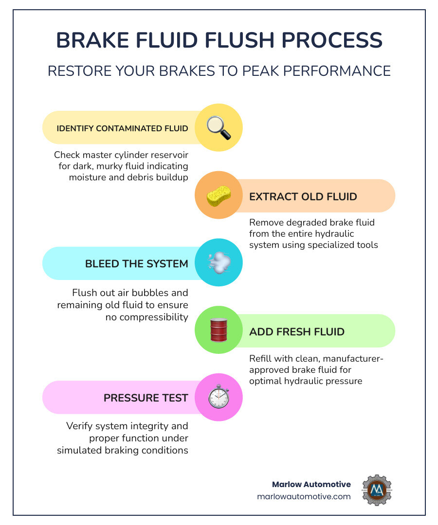 Infographic showing the brake fluid flush process: Step 1 - Old contaminated fluid is identified in the master cylinder reservoir showing dark color; Step 2 - Technician extracts old fluid from the system; Step 3 - System is bled to remove air bubbles and remaining old fluid; Step 4 - Fresh manufacturer-approved brake fluid is added; Step 5 - Pressure test confirms proper hydraulic function; Timeline bar shows recommended service every 30,000 miles or 2 years; Side panel compares new clear fluid vs dark contaminated fluid with boiling point comparison - best brake fluid flush in richardson, tx infographic infographic-line-5-steps-colors