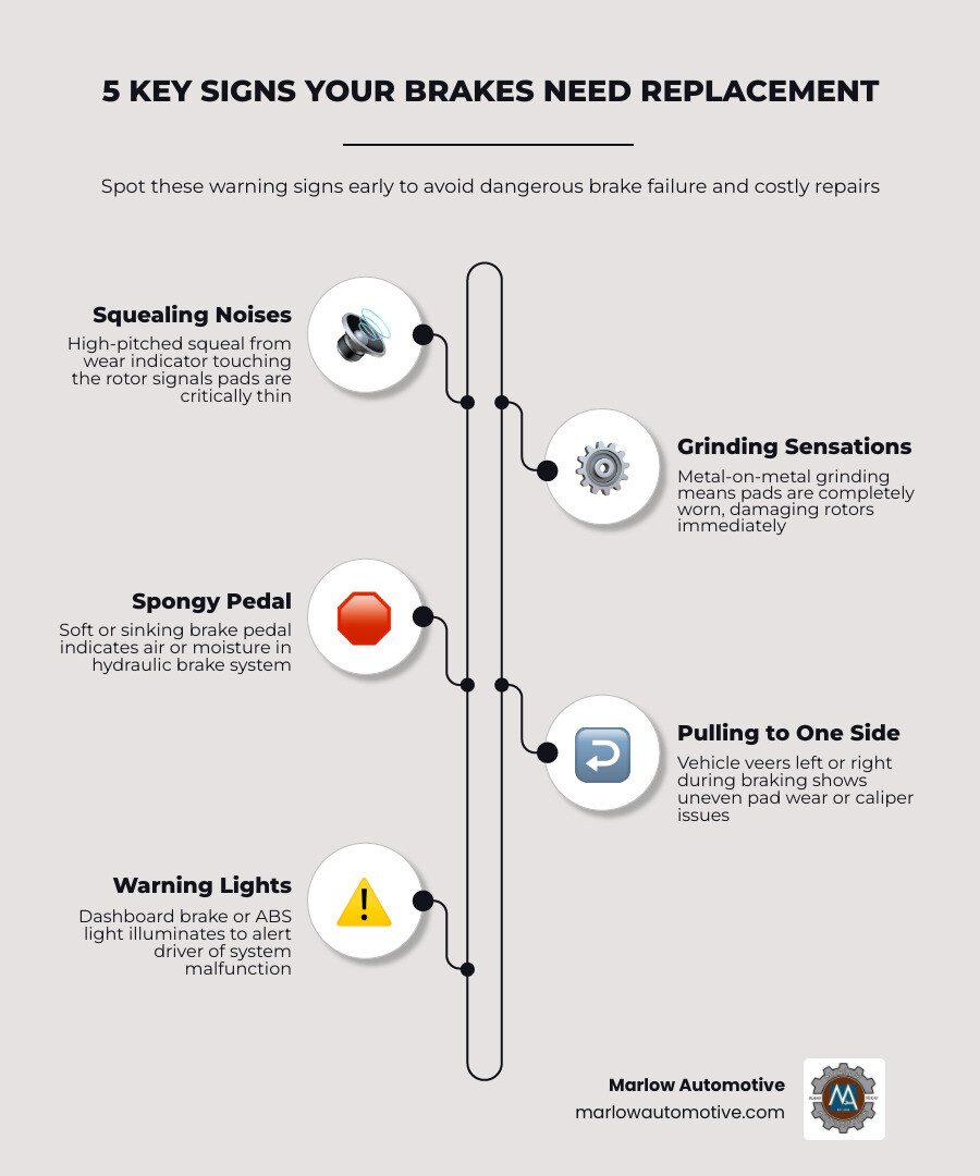 Infographic showing a checklist of warning signs that your brake pads need replacement including squealing grinding pulling and spongy pedal, and a breakdown of what a professional brake service appointment includes such as inspection rotor check hardware lubrication fluid test and road test - best brake pad replacement in allen, tx infographic infographic-line-5-steps-elegant_beige