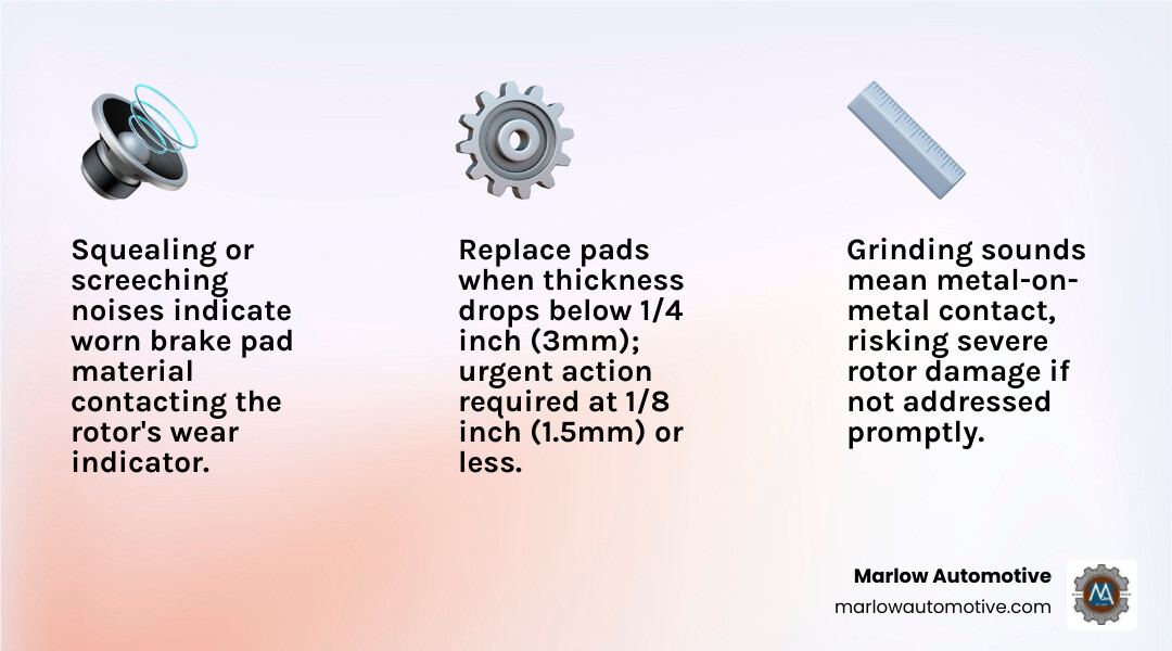 Infographic showing the top signs your brake pads need replacing in Plano TX, including pad depth indicators at 1/4 inch and 1/8 inch thresholds, a checklist of warning sounds like squealing and grinding, a visual of a worn vs new brake pad side by side, and a quick guide to what a full brake inspection includes such as rotor check, caliper inspection, fluid level, and road test - best brake pad replacement in plano, tx infographic 3_facts_emoji_light-gradient