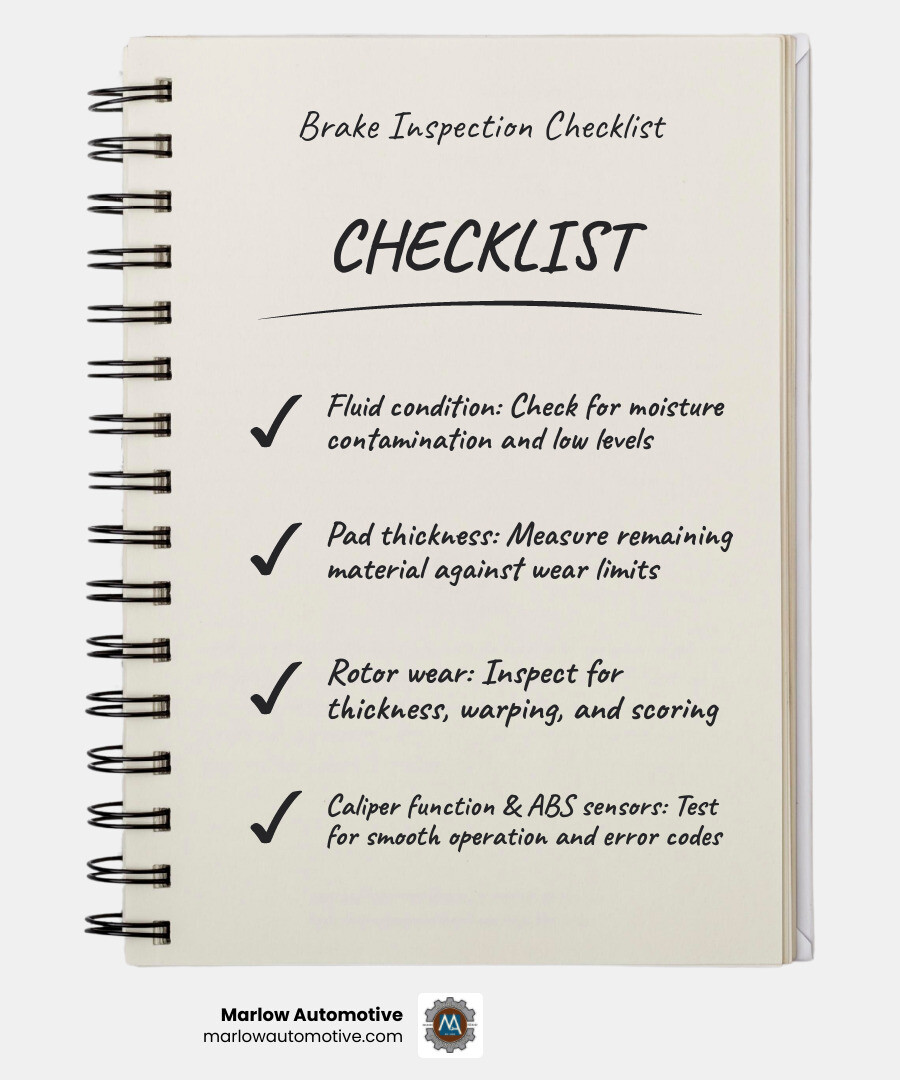 Infographic comparing disc brakes vs drum brakes in Allen TX vehicles, showing components like rotors, pads, calipers for disc brakes and drums, wheel cylinders, and brake shoes for drum brakes, alongside a checklist of what top-rated Allen TX brake repair shops inspect during a full brake service including fluid condition, pad thickness, rotor wear, caliper function, and ABS sensor status - best brake repair in allen, tx infographic checklist-notebook
